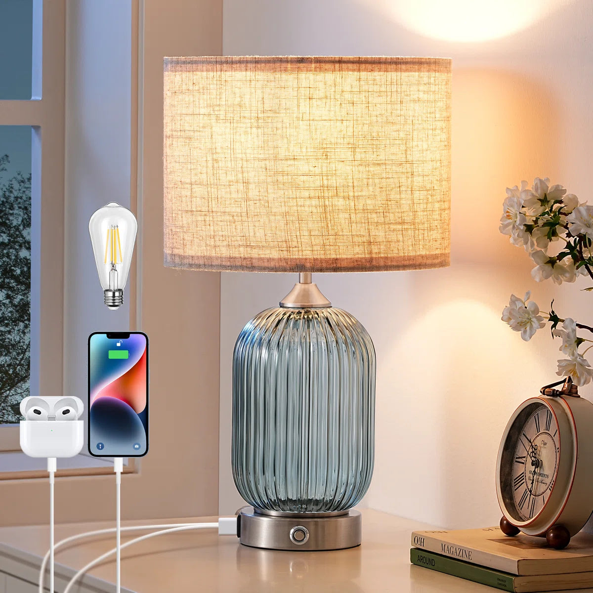 Glass Table Lamp with USB Charging Ports and Dimmable Bulb (18.9" )