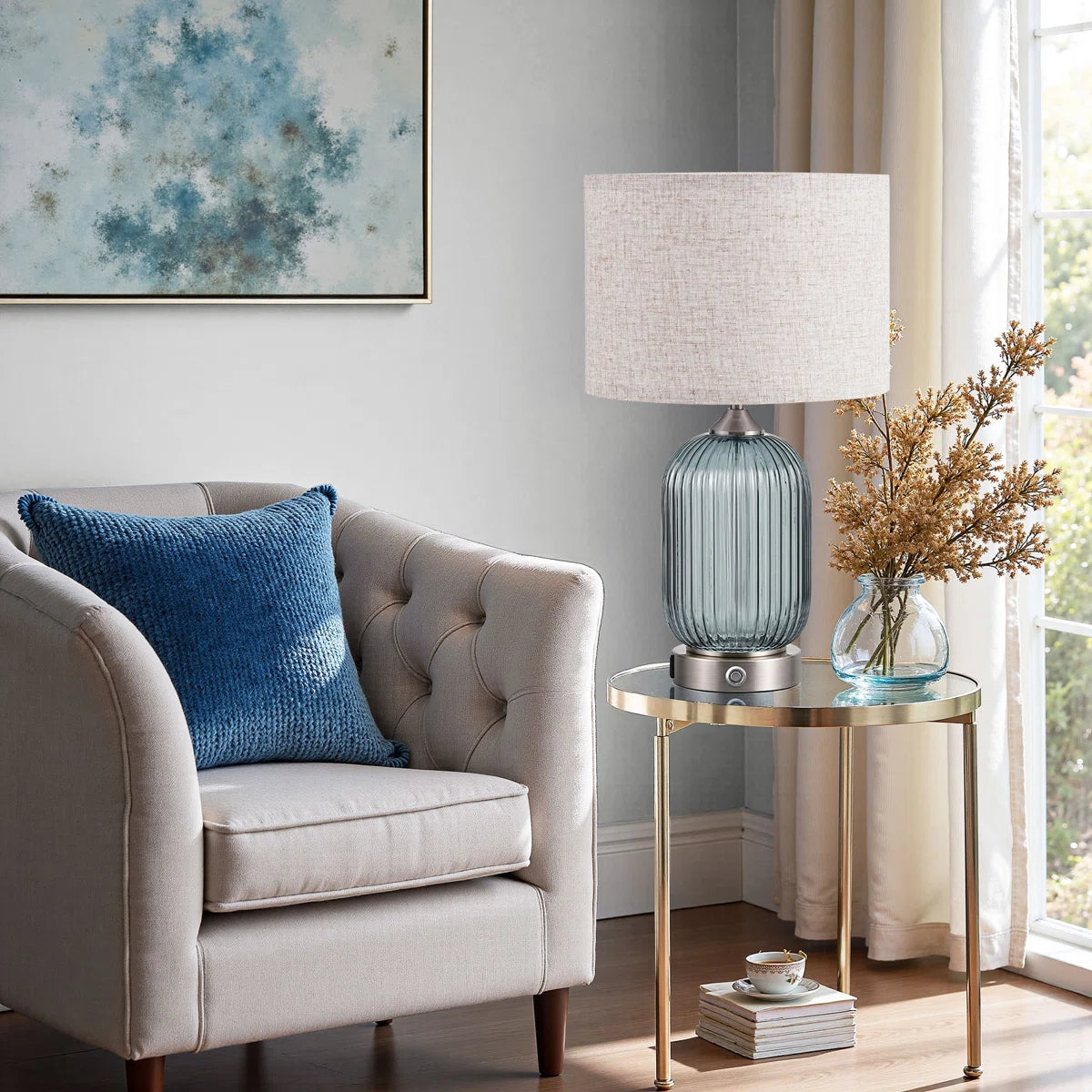 Glass Table Lamp with USB Charging Ports and Dimmable Bulb (18.9" )