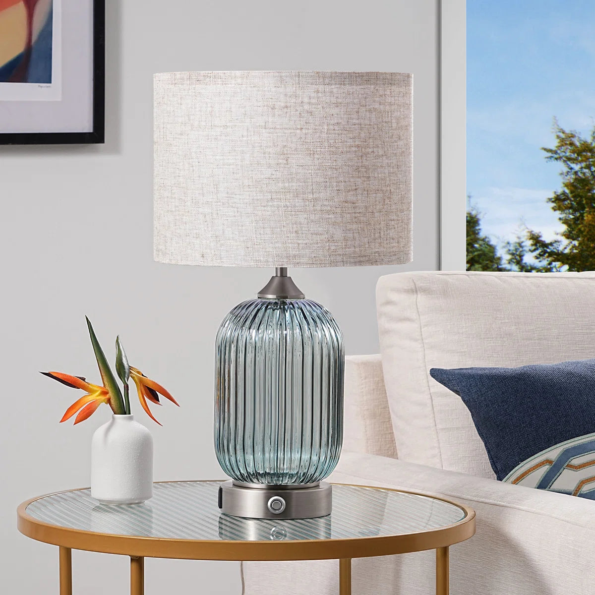 Glass Table Lamp with USB Charging Ports and Dimmable Bulb (18.9" )
