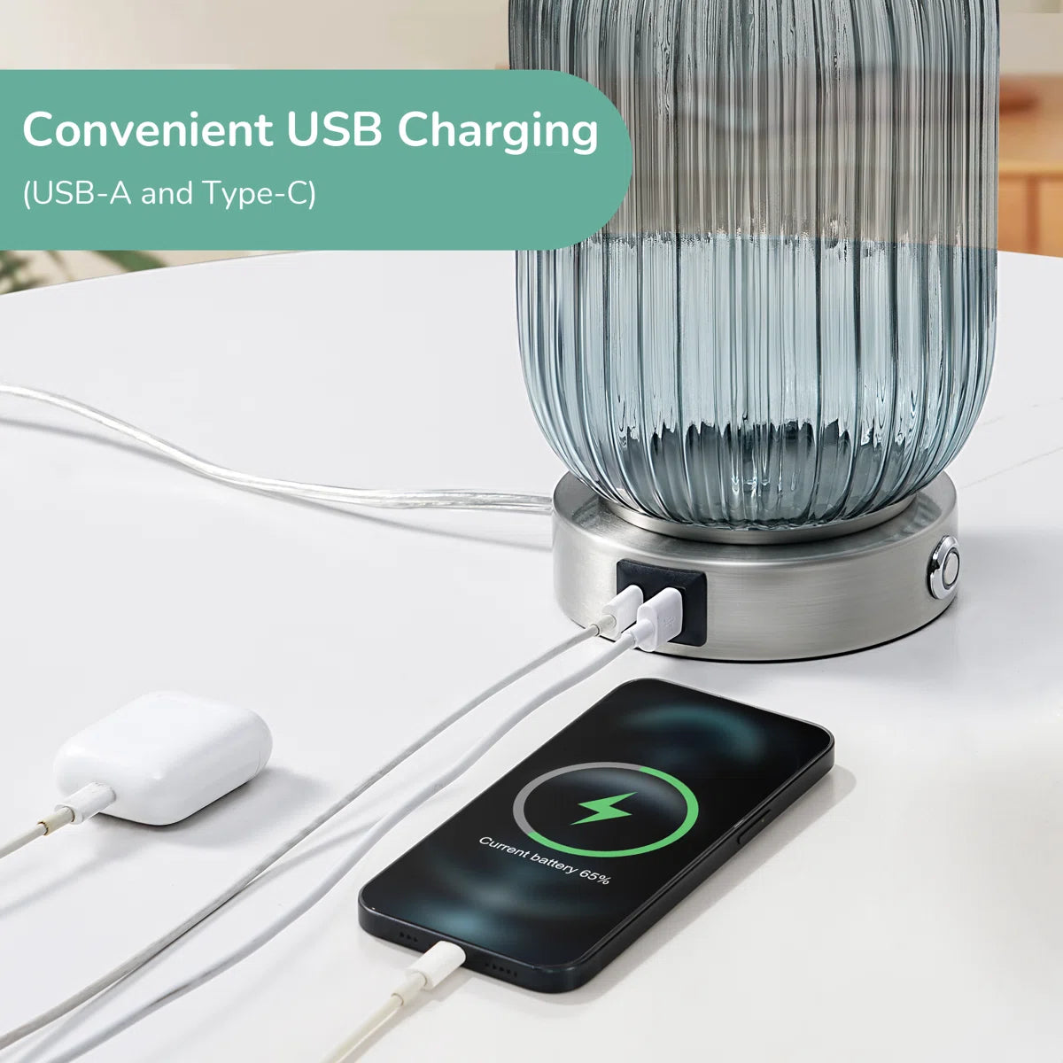 Glass Table Lamp with USB Charging Ports and Dimmable Bulb (18.9" )
