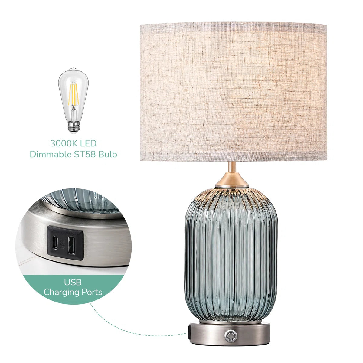 Glass Table Lamp with USB Charging Ports and Dimmable Bulb (18.9" )