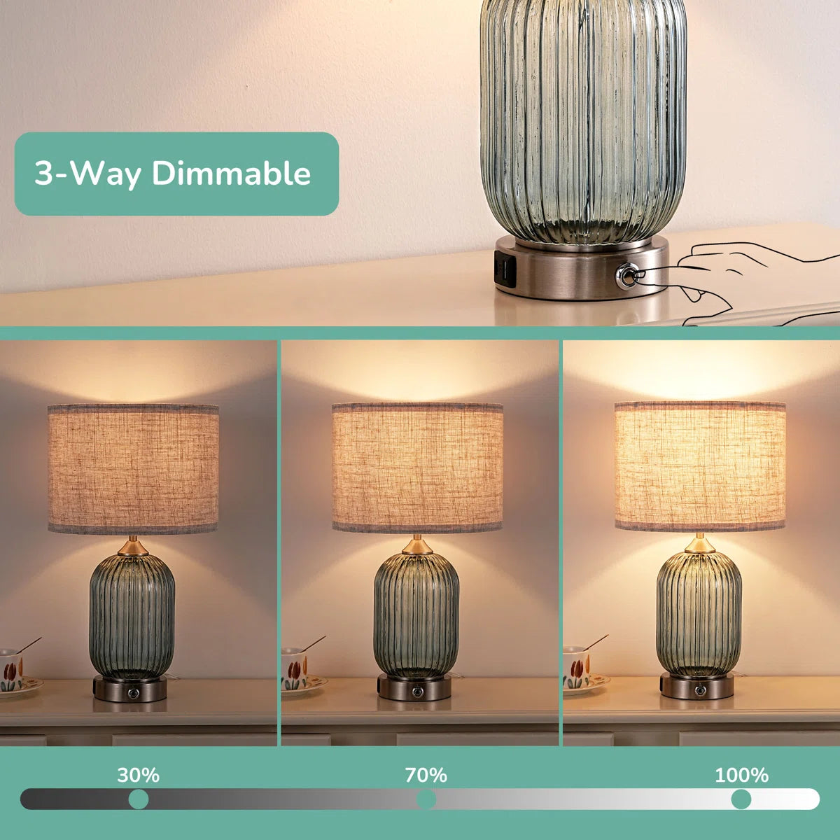 Glass Table Lamp with USB Charging Ports and Dimmable Bulb (18.9" )