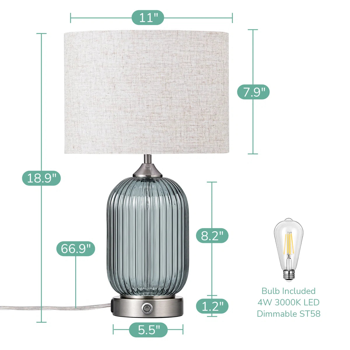 Glass Table Lamp with USB Charging Ports and Dimmable Bulb (18.9" )