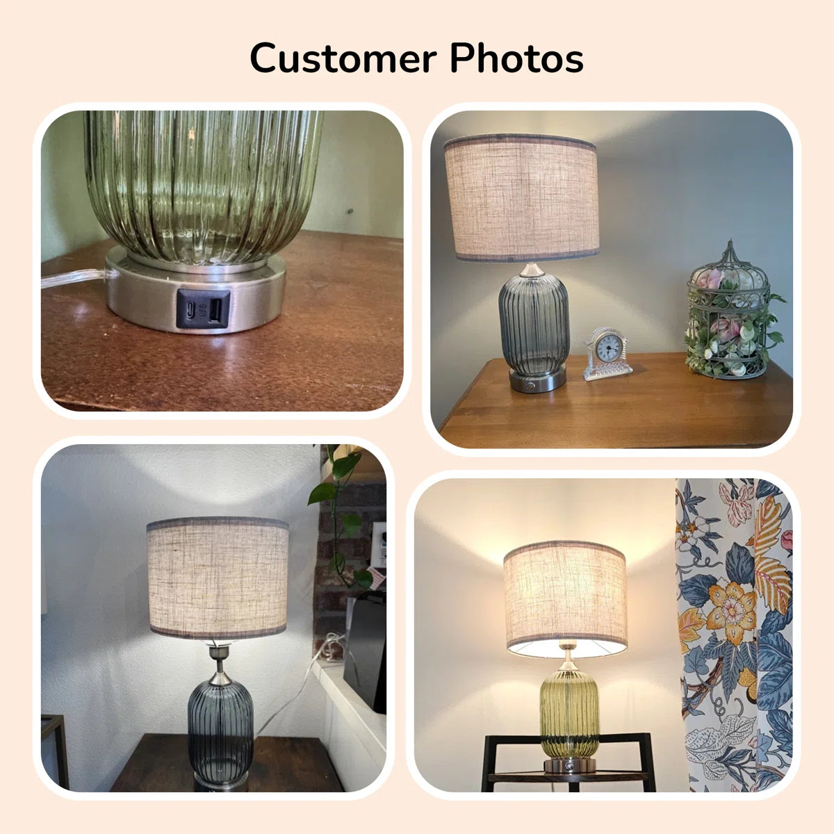 Glass Table Lamp with USB Charging Ports and Dimmable Bulb (18.9" )
