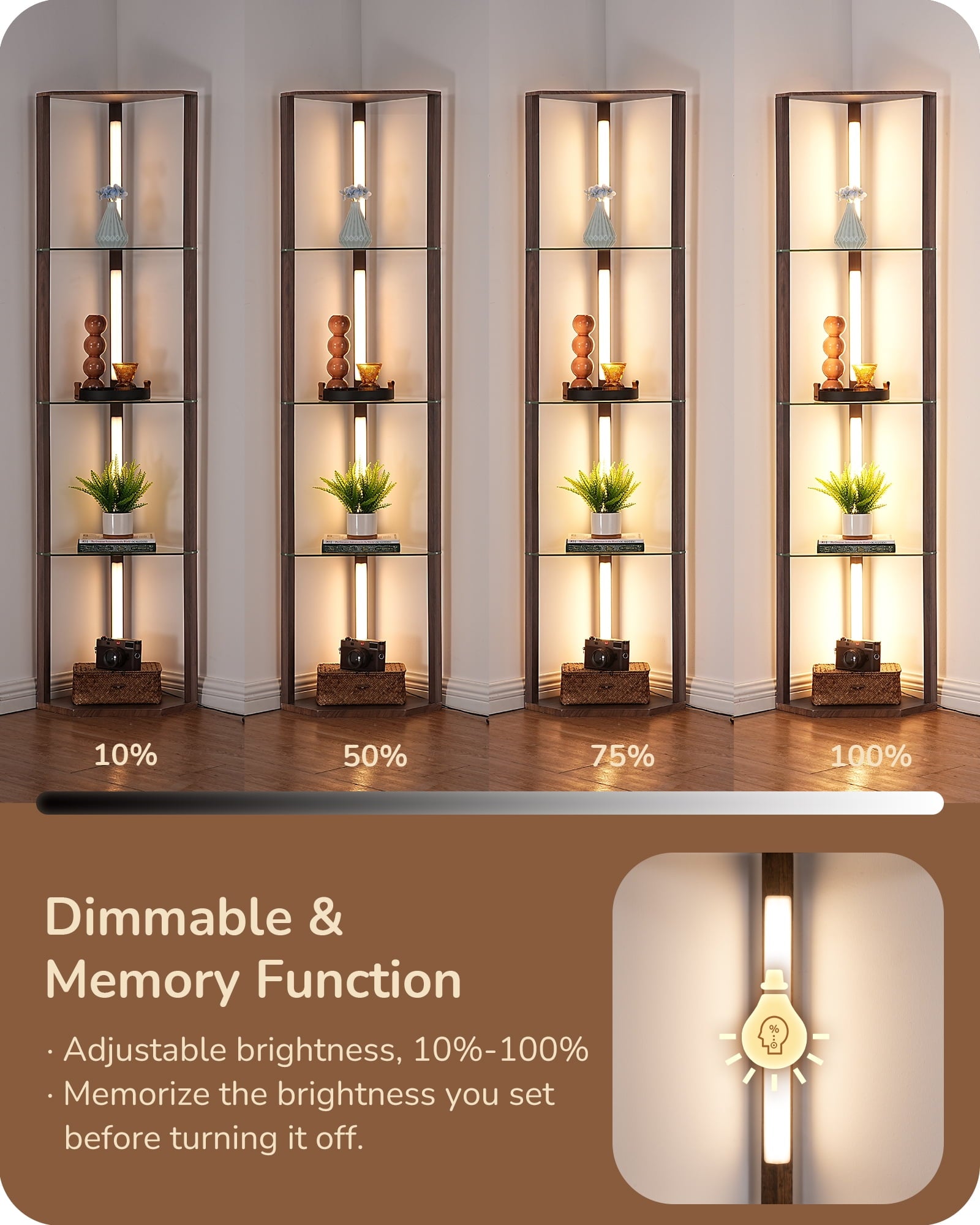 EDISHINE 63.7-Inch 4-Tier Modern Floor Lamps with Glass Shelves, Dimmable Standing Lamp with Remote/Foot Remote, Display Shelf Floor Lamp for Living Room, Bedroom，Open Display Cabinet