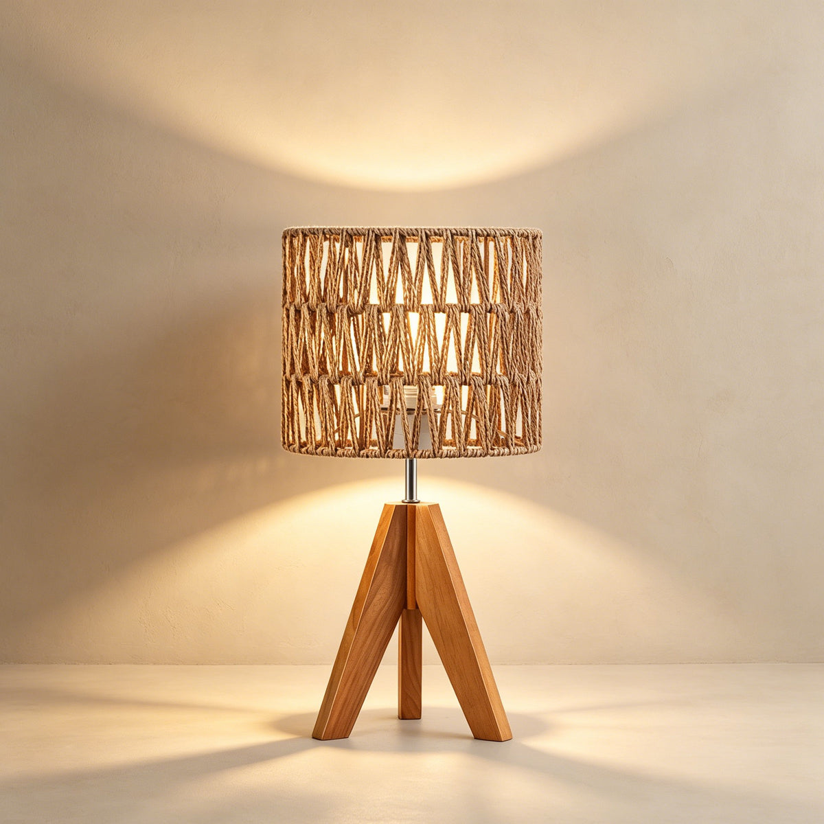 Boho Rattan Tripod Table Lamp with W-Wave Woven Shade & Solid Wood Base (Rosewood)