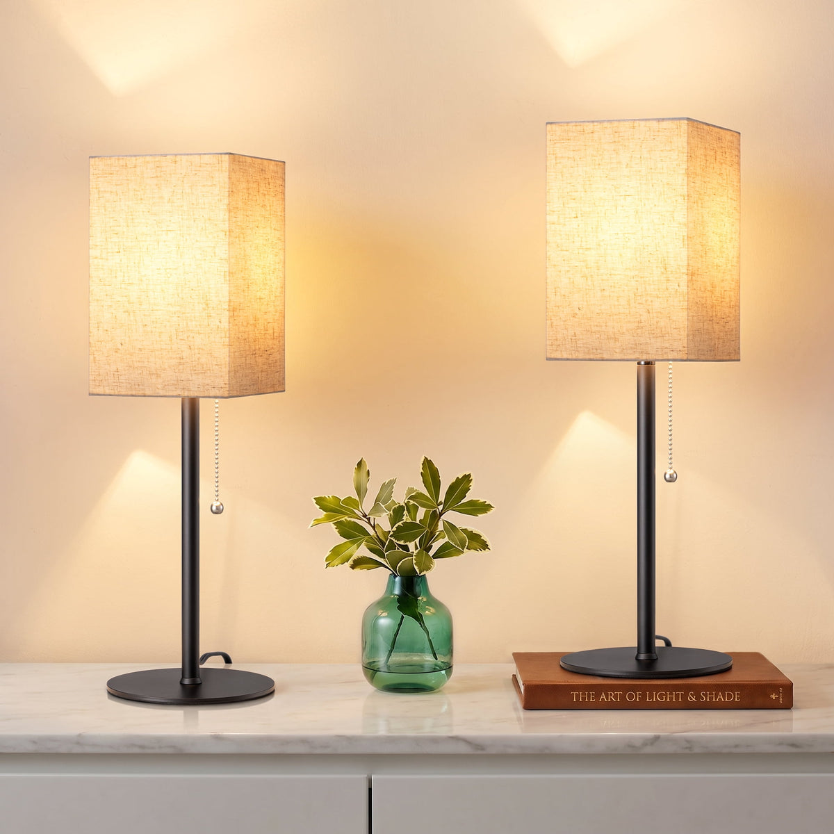 EDISHINE 19" Modern Table Lamp, Rectangular Lampshade, Set of 2, Pull Chain Switch, Nightstand Lamp for Living Room Bedroom