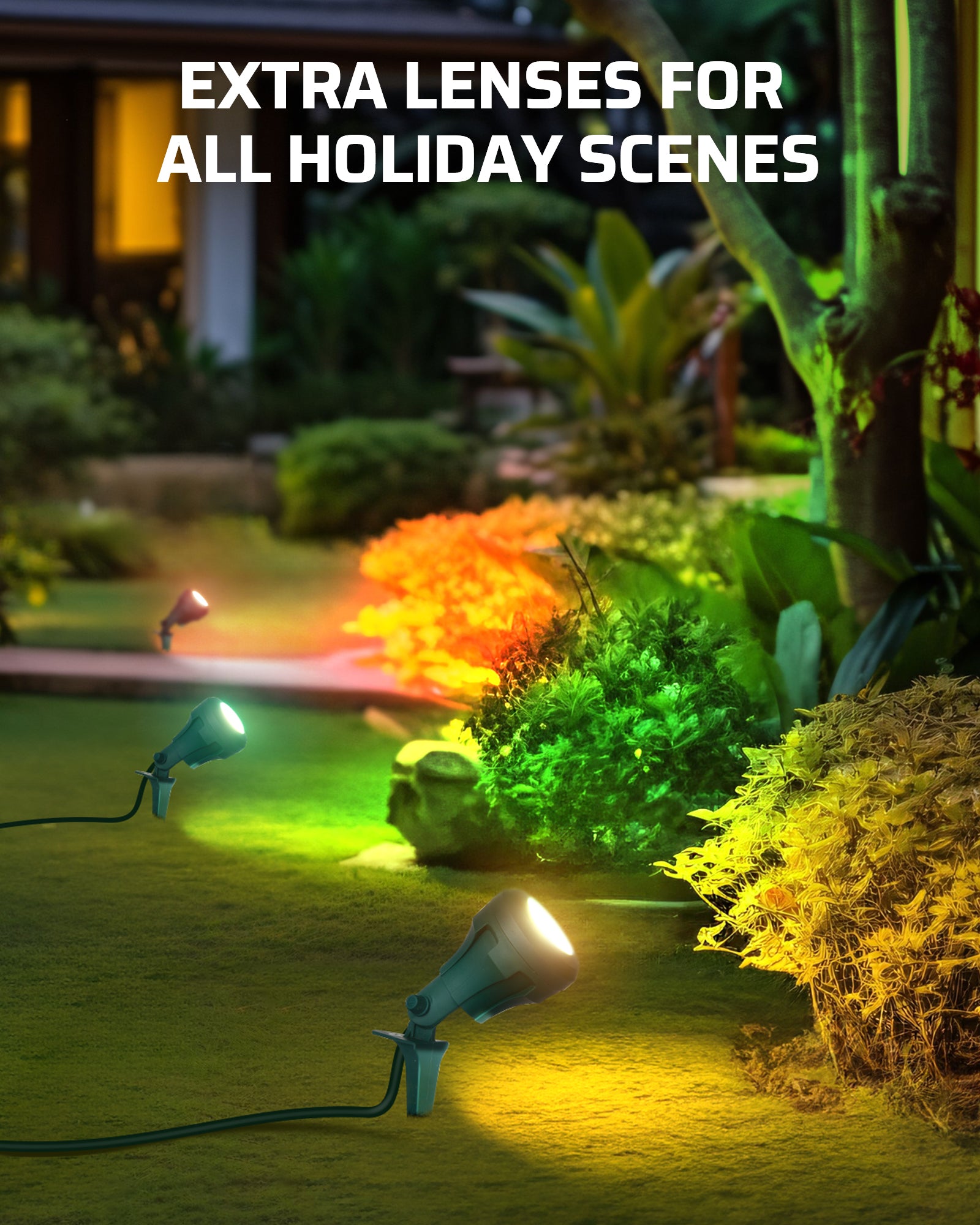 120V Spotlight Outdoor with 5ft Extension Cord, 400 Lumens Waterproof LED Spot Light with 3 Lenses (Red Yellow Green) for Holiday, Trees, Garden Decor-HGSL01A