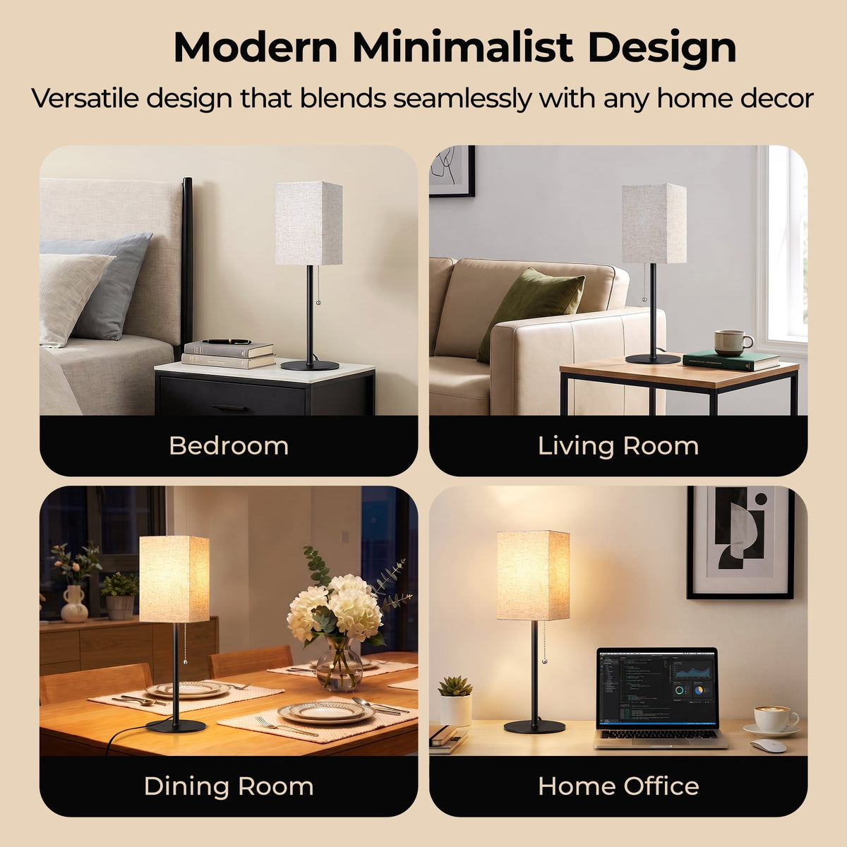 EDISHINE 19" Modern Table Lamp, Rectangular Lampshade, Set of 2, Pull Chain Switch, Nightstand Lamp for Living Room Bedroom