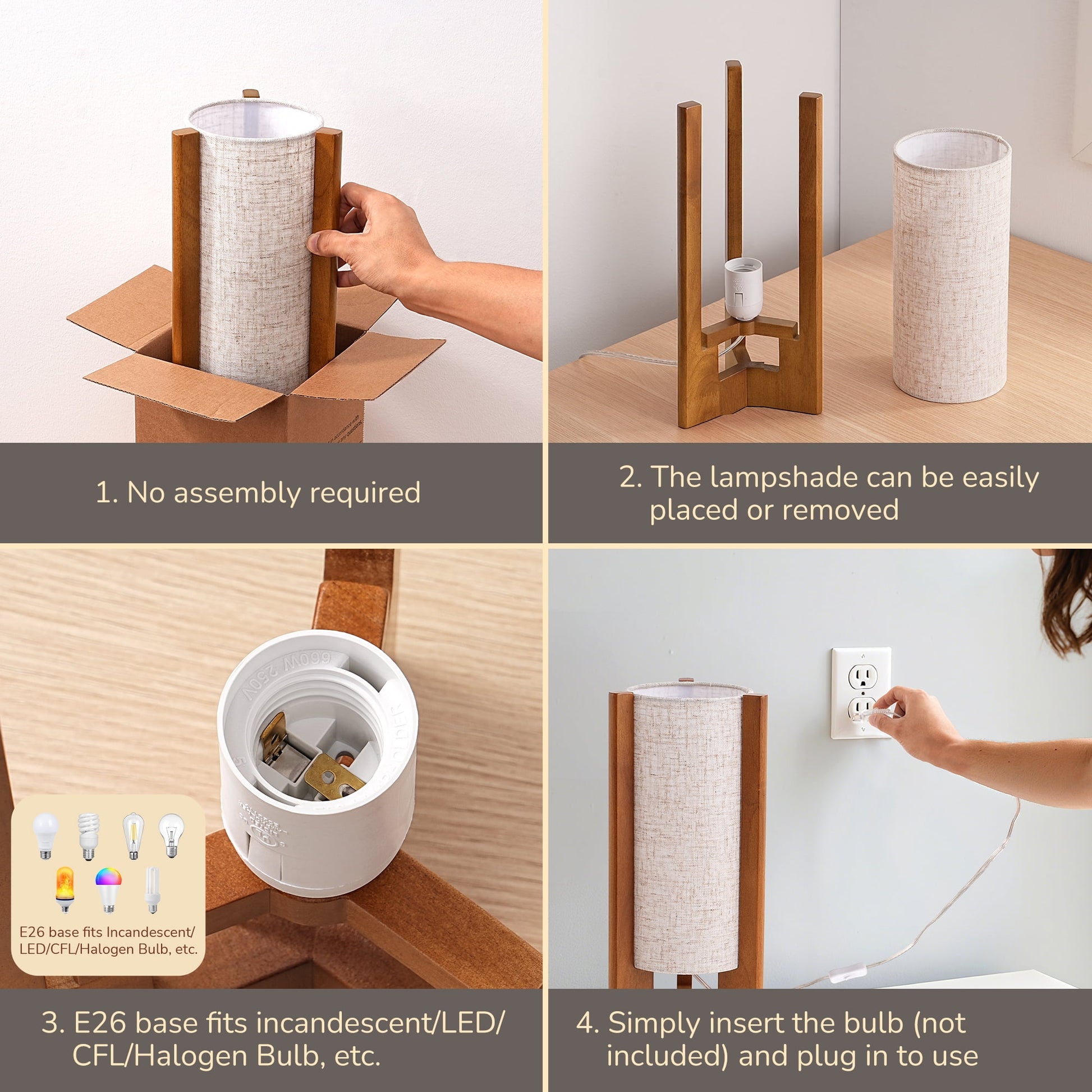 EDISHINE 2-Piece Modern Lamp Set, Table Lamp with White Linen Shade, Bedside Lamp for Living Room, Rosewood Nightstand Lamp, E26 Base (Bulbs Not Included)