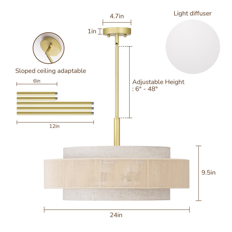 5-Light Drum Chandelier With Fabric And Rope Shades