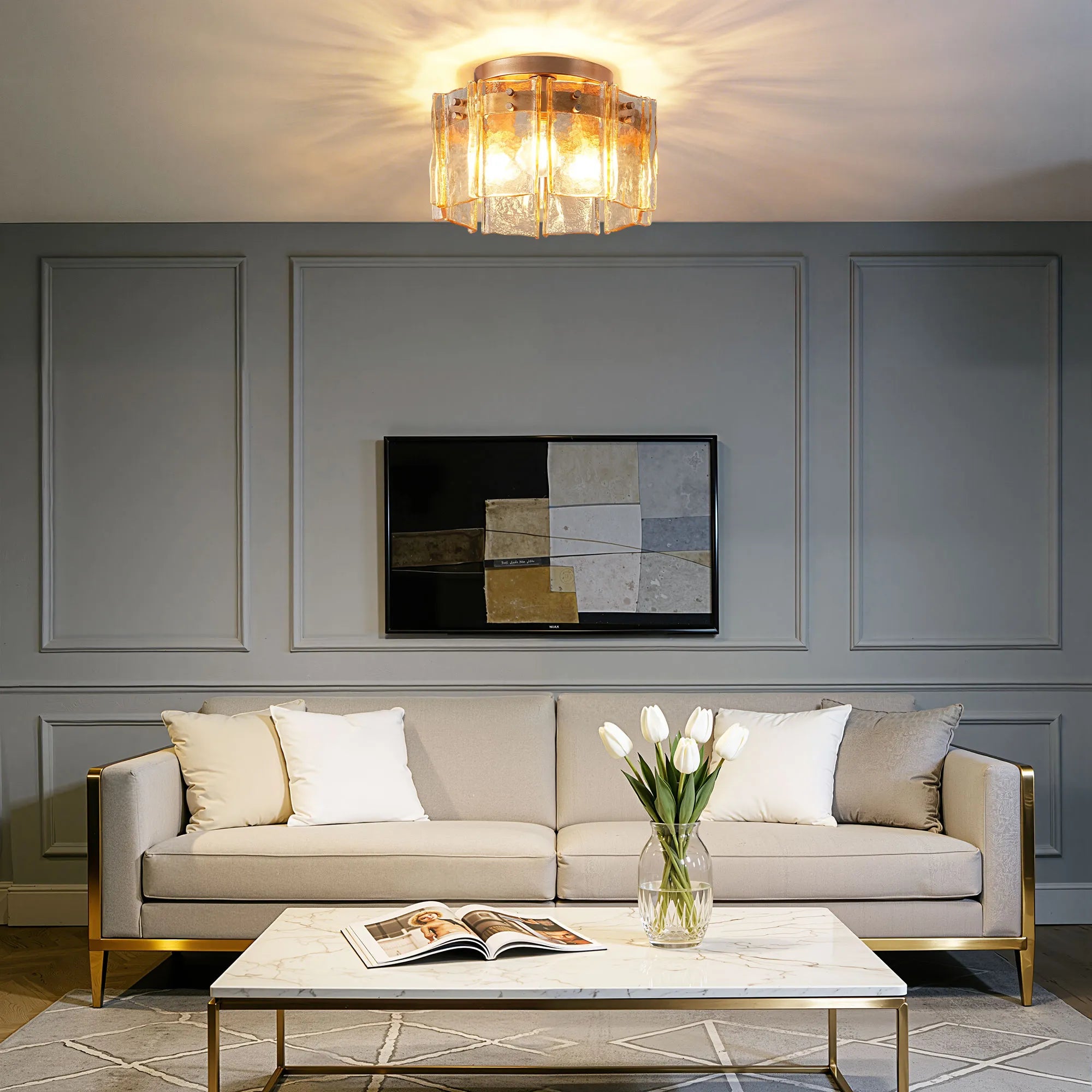 3-Light Amber Glass Drum Flush Mount (12.6”)