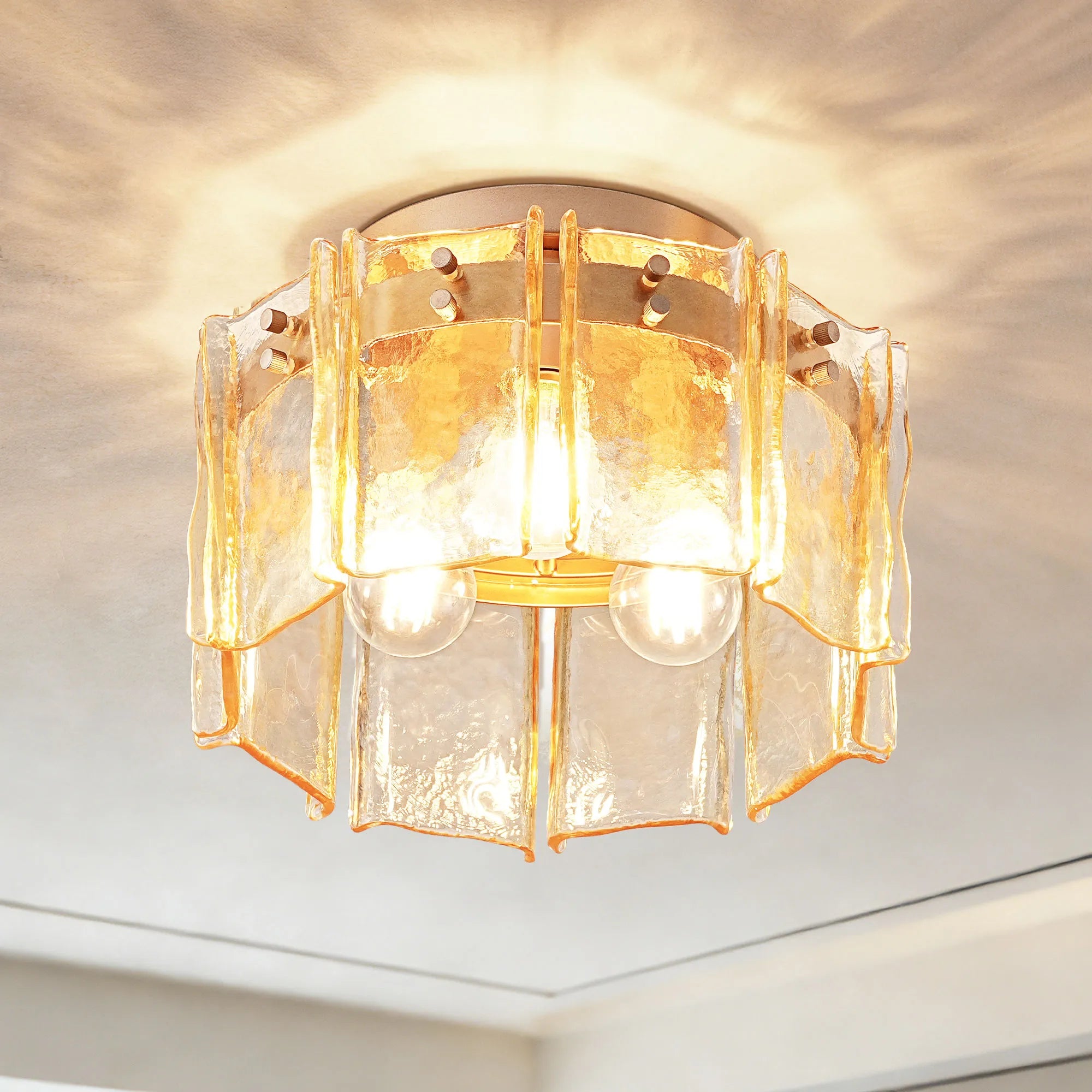 3-Light Amber Glass Drum Flush Mount (12.6”)