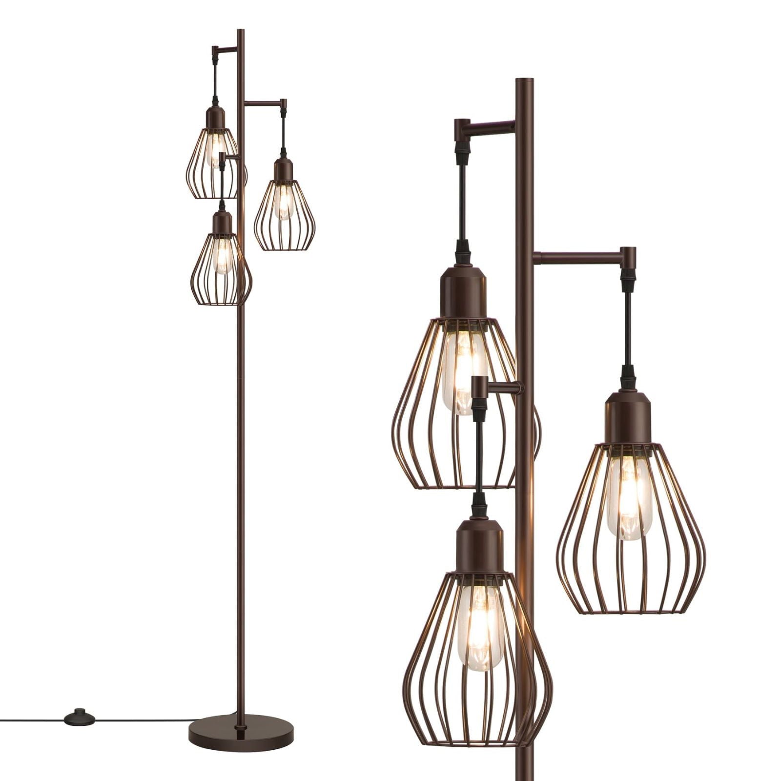 65" Tall Industrial Tree Floor Lamp with Tulip-Shaped Bulb Cages - LED Bulbs Included (Matte Black)