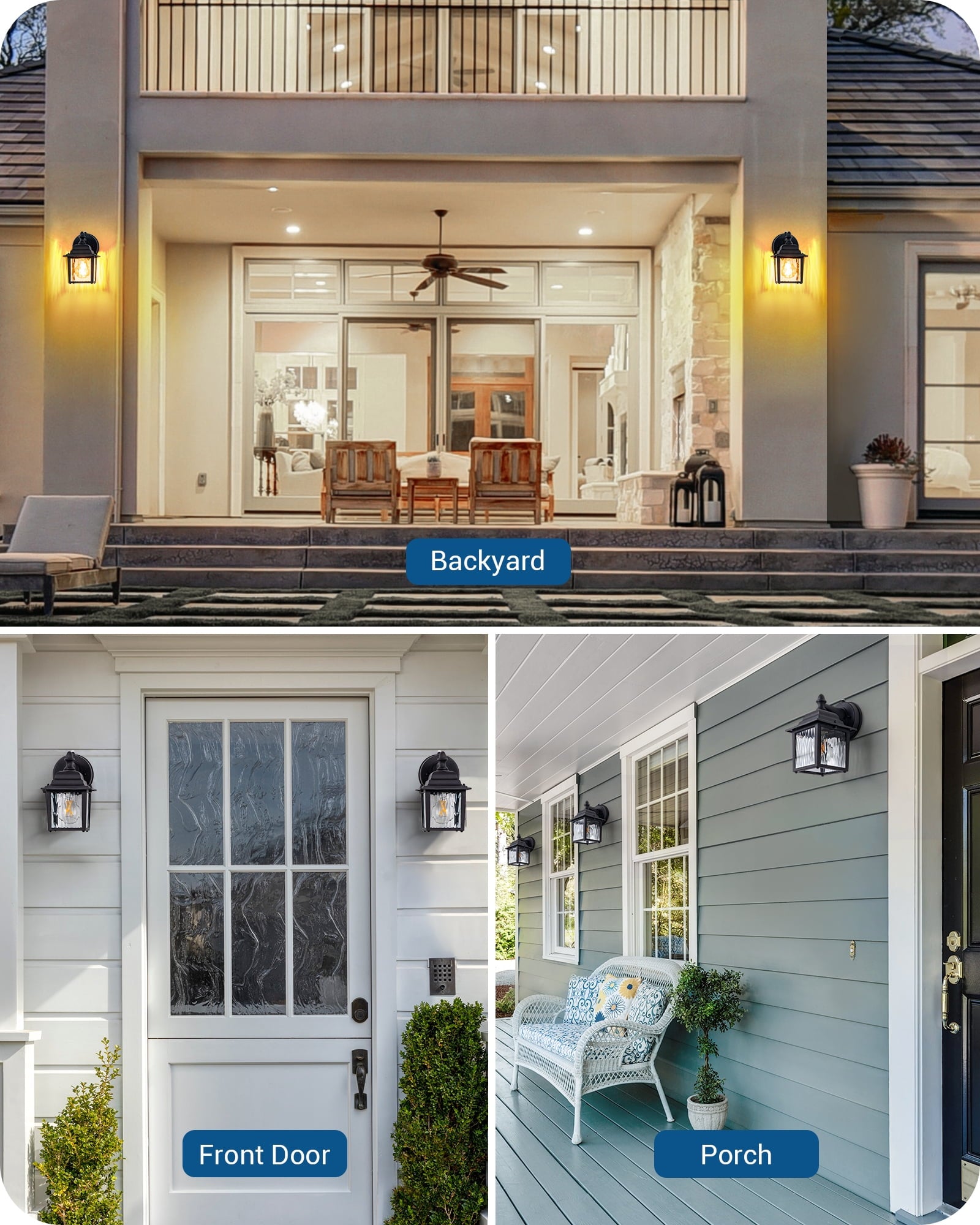 EDISHINE 2 Pack Outdoor Porch Light, Dusk to Dawn Exterior Lighting Fixtures, Modern Outdoor Wall Lights Fixture, Clear Water Ripple Glass, Anti-Rust Waterproof for Front Door Garage Patio, Black