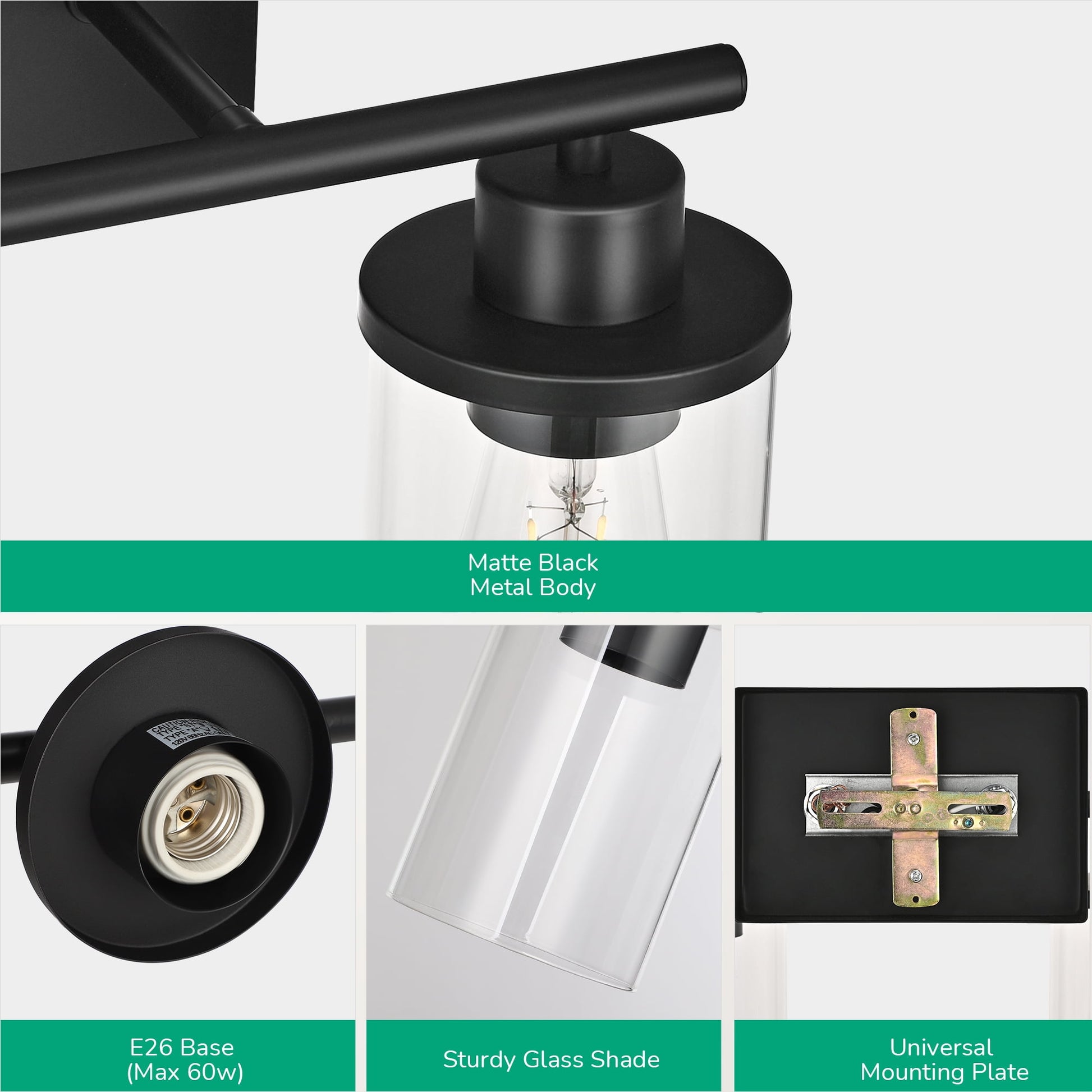 EDISHINE Modern 2-Light Black Bathroom Vanity Lights over Mirror for Bathroom, Vanity Table, E26 Bulb Base