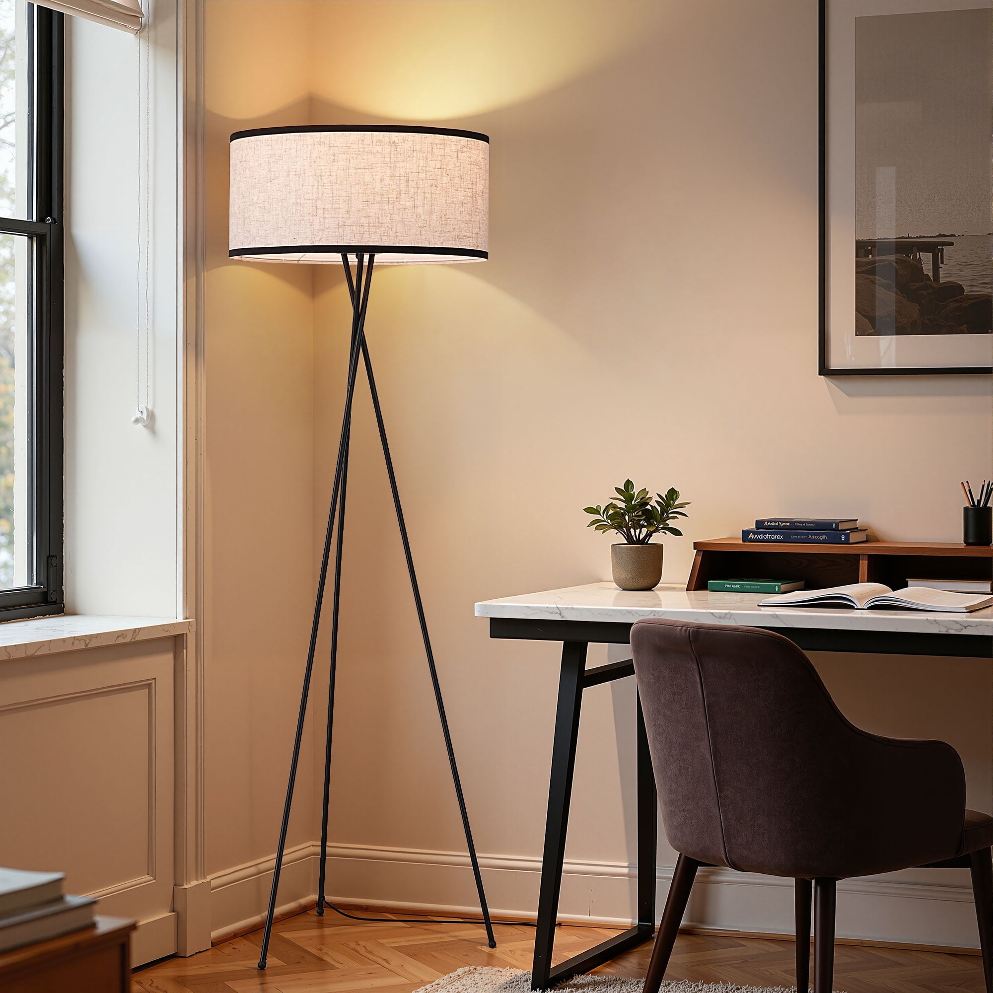 EDISHINE 66.9in Tripod Floor Lamps with Remote, Includes RGB Light Bulb, LED Modern Dimmable Mid-Century Standing Lamp, APP Control, Flaxen Linen Shade,for Living Room, Bedroom, Office, Black