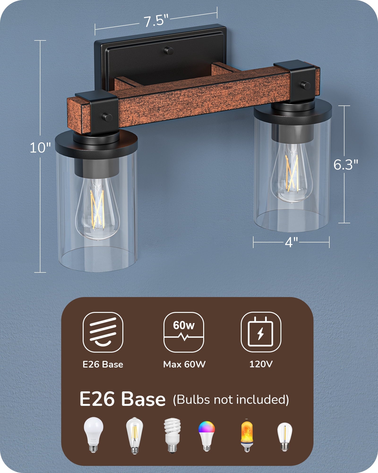 EDISHINE Industrial Bathroom Light Fixtures Metal Frame with Clear Glass Lamp Shade,2 Lights over the Mirror Bathroom Lights
