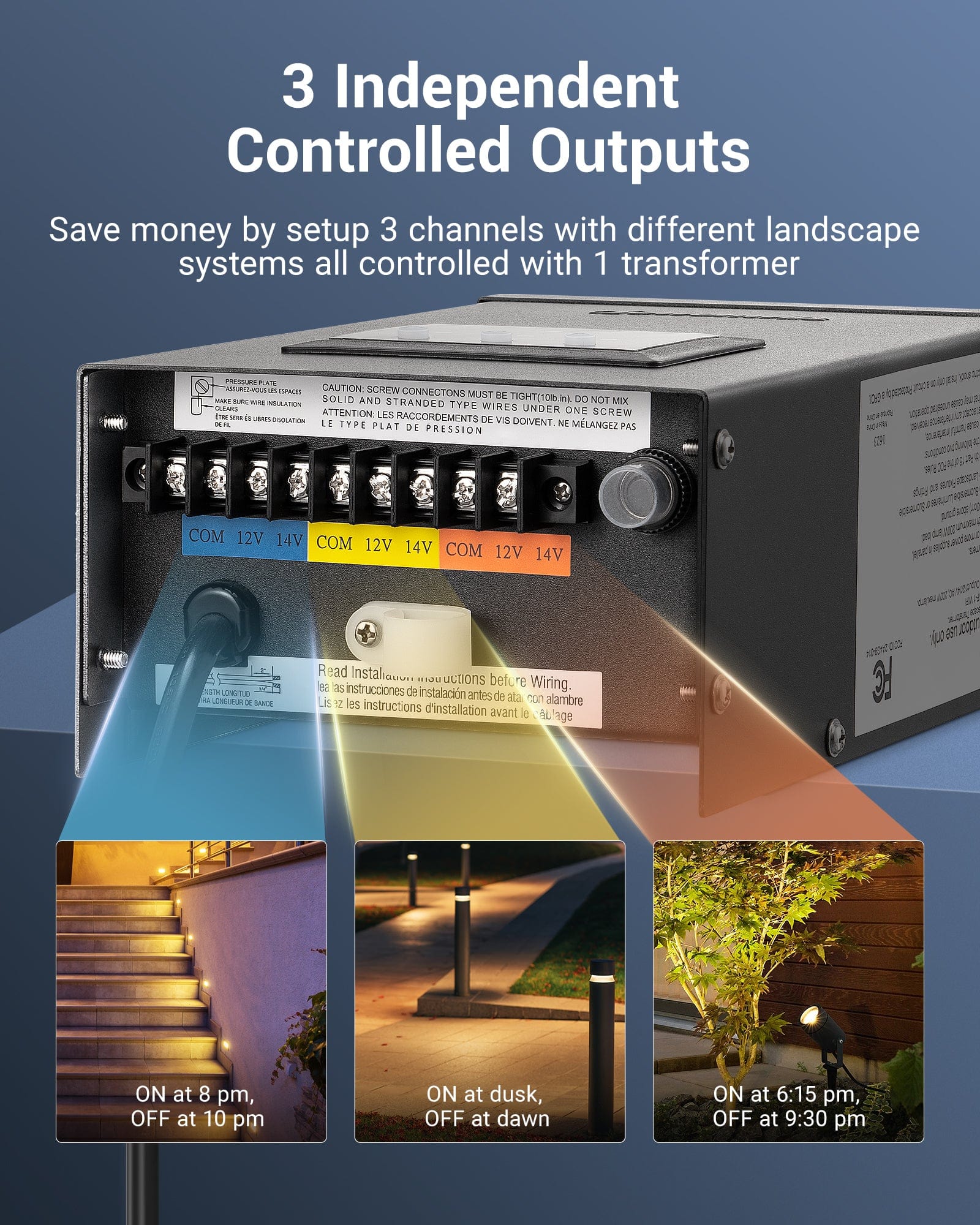 DEWENWILS 200W Wi-Fi Low Voltage Transformer, 3 Independent Outputs, 120V AC to 12V/14V AC, Low Voltage Landscape Transformer with Schedule & Timer, Work with Alexa & Google Assistant - HWLT04A1