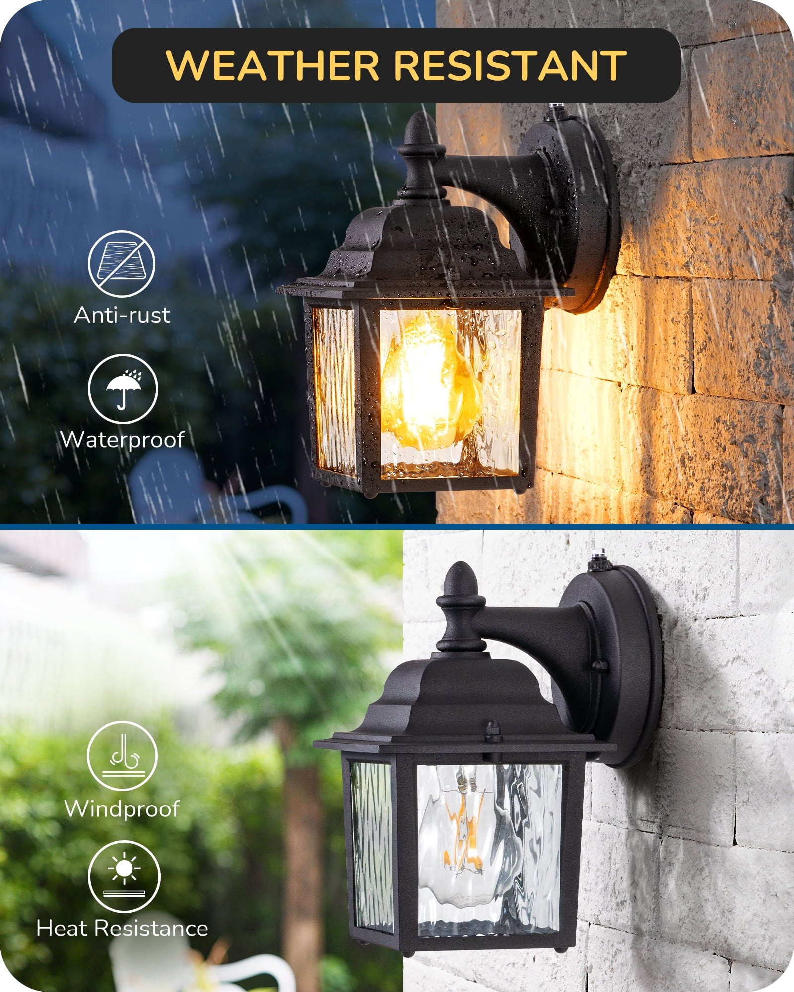EDISHINE 2 Pack Outdoor Porch Light, Dusk to Dawn Exterior Lighting Fixtures, Modern Outdoor Wall Lights Fixture, Clear Water Ripple Glass, Anti-Rust Waterproof for Front Door Garage Patio, Black