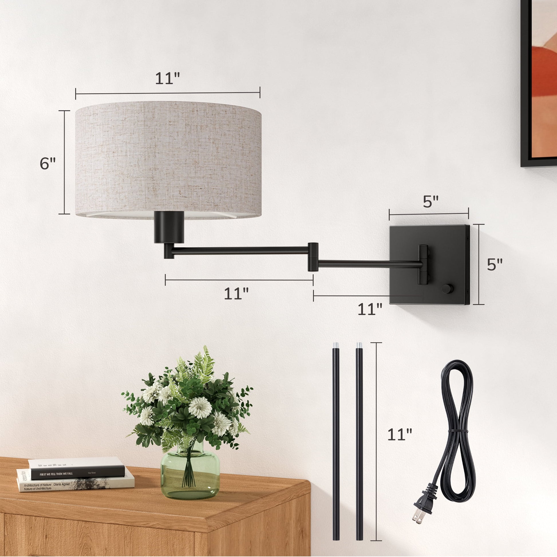 EDISHINE Wall Light for Bedroom Living Room, Dimmable Wall Sconce with Swing Arm, Bulb Included