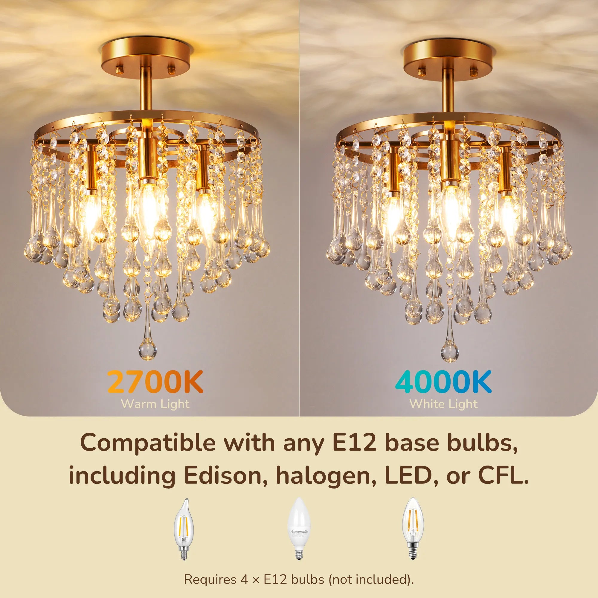 4 - Light Crystal Chandelier Flush Mount (12''）