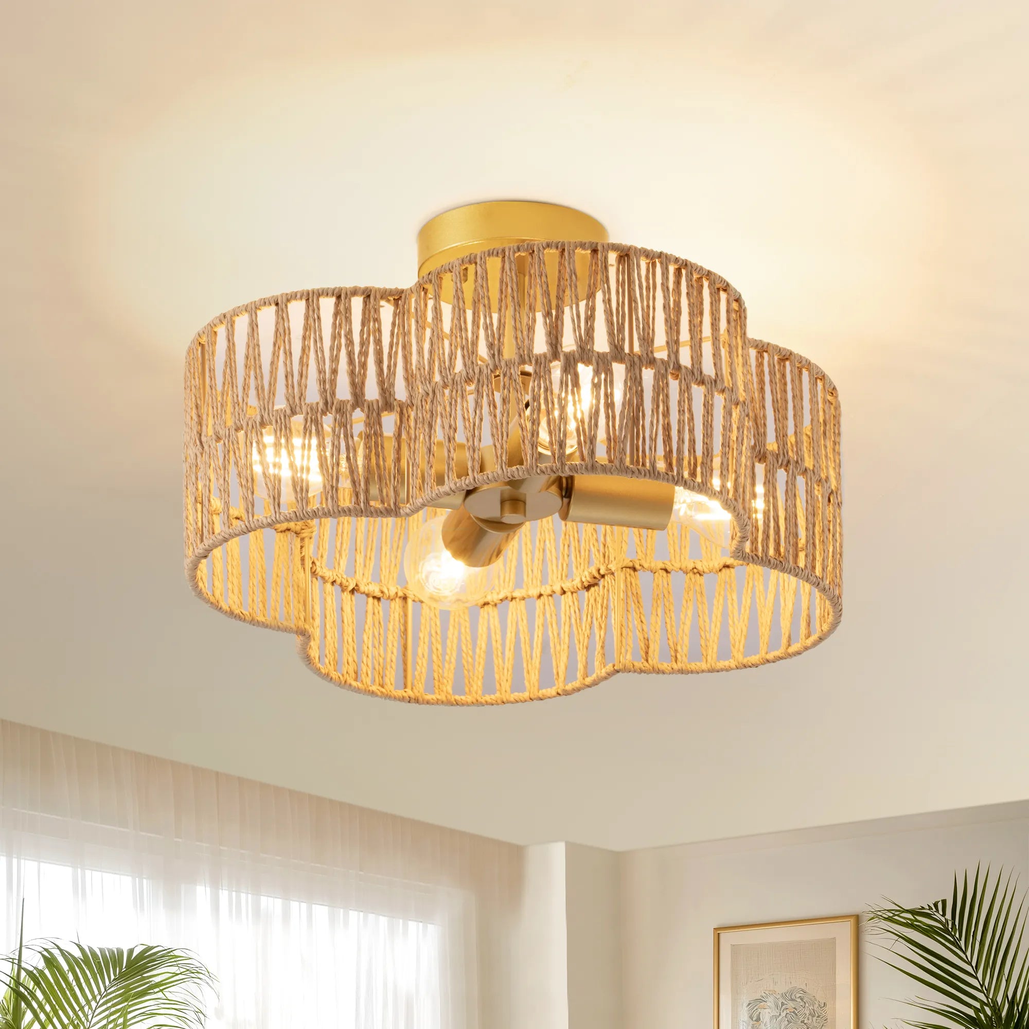 4-Light Woven Rattan Semi Flush Mount (17" )