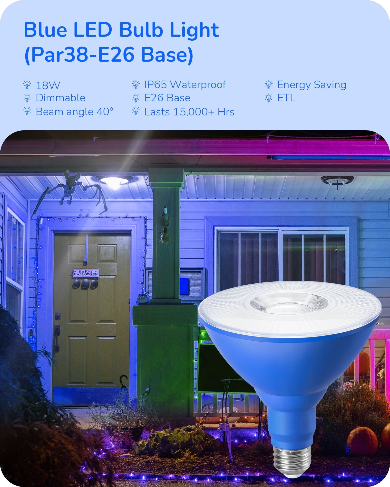 EDISHINE 4 Pack PAR38 Blue LED Flood Light Bulbs Outdoor, Dimmable Blue LED Light Bulb, 18W(120W Equivalent), Light Bulb for Halloween Decorations, Christmas Decor, E26 Base, ETL Listed