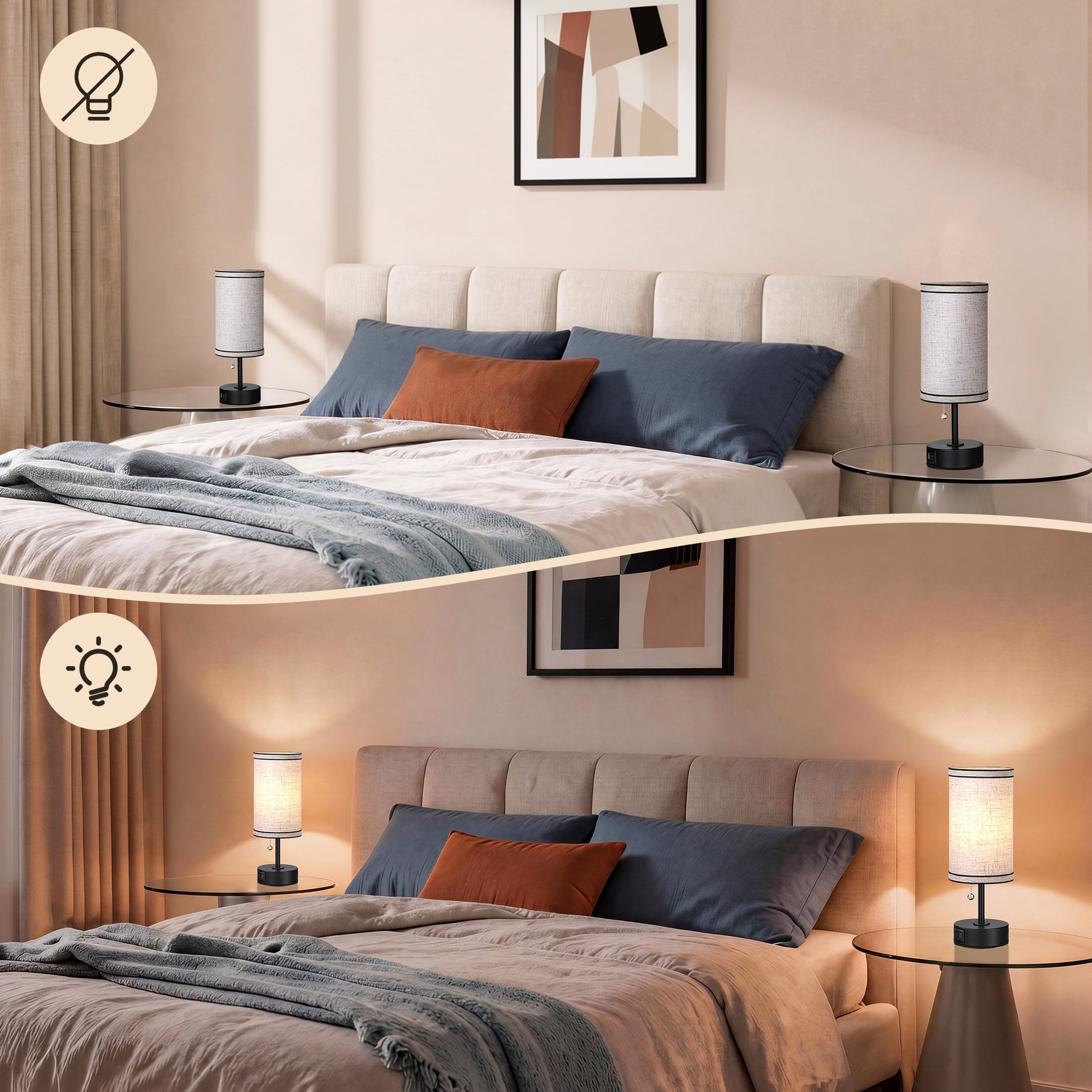 EDISHINE 2 Pack Table Lamps with USB A+C Charging Ports, Small Beside Lamps with Pull Chain Switch, for Bedroom Living Room, E26 Base, Bulbs Not Included