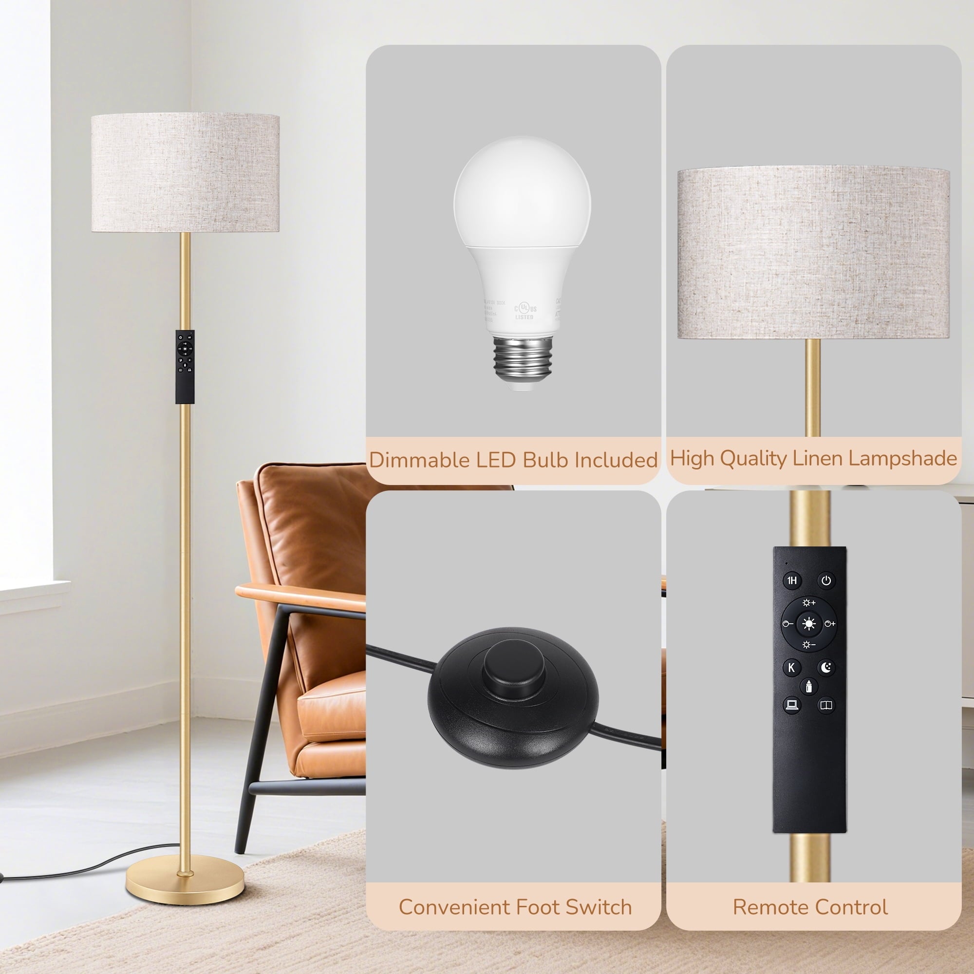 EDISHINE 63.6'' Gold Floor Lamps for Living Room, With Remote Control And LED Bulb Included