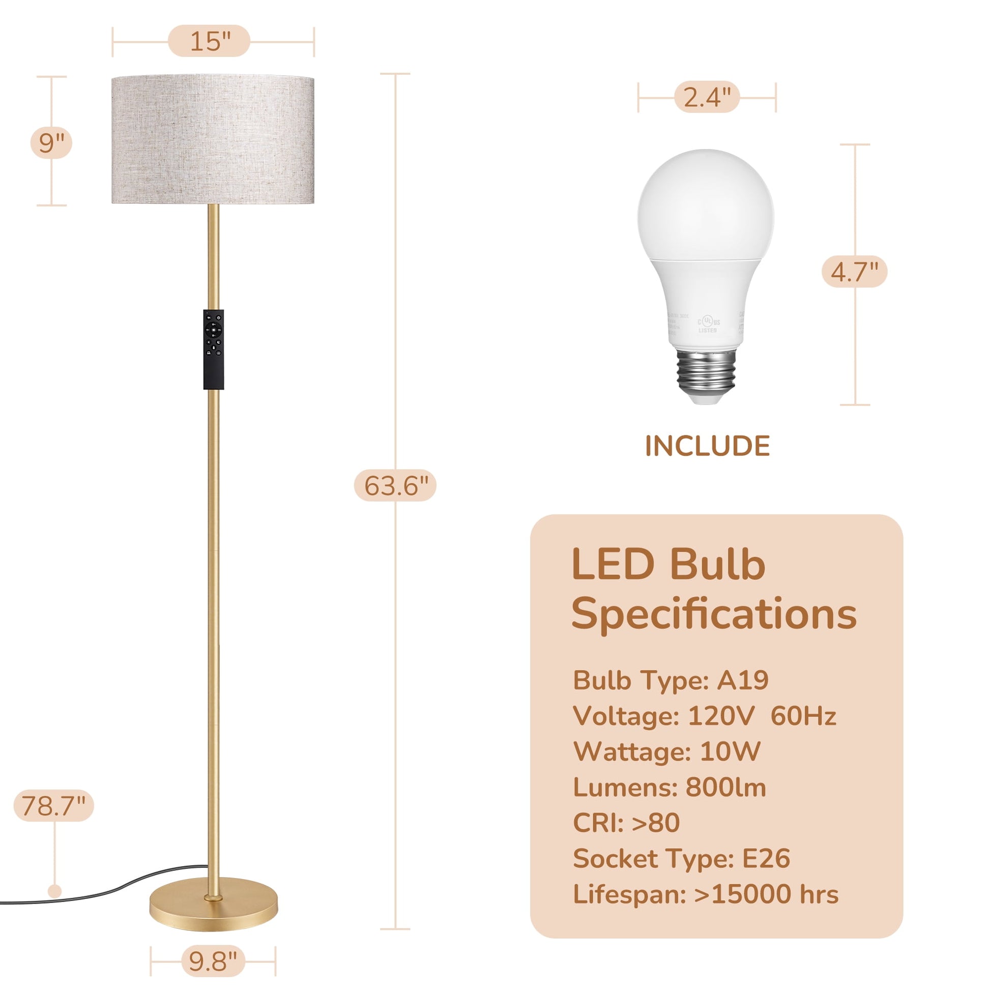 EDISHINE 63.6'' Gold Floor Lamps for Living Room, With Remote Control And LED Bulb Included