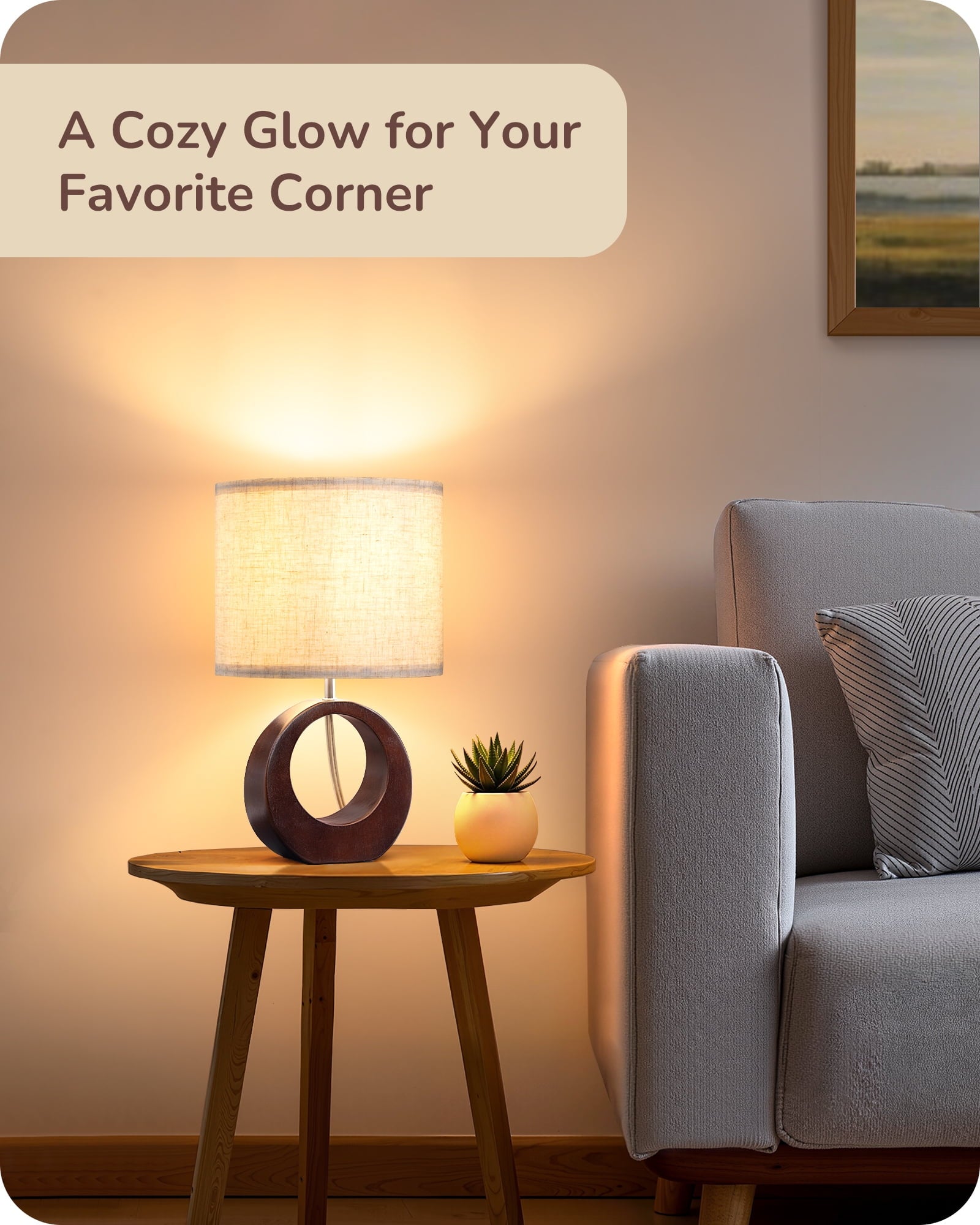 EDISHINE 13.4" Wood Table Lamp, Small Bedside Lamp with Beige Linen Lampshade & ON-Off Switch, E26 Base, Modern Nightstand Lamp for Living Room, Bedroom, Dark Walnut