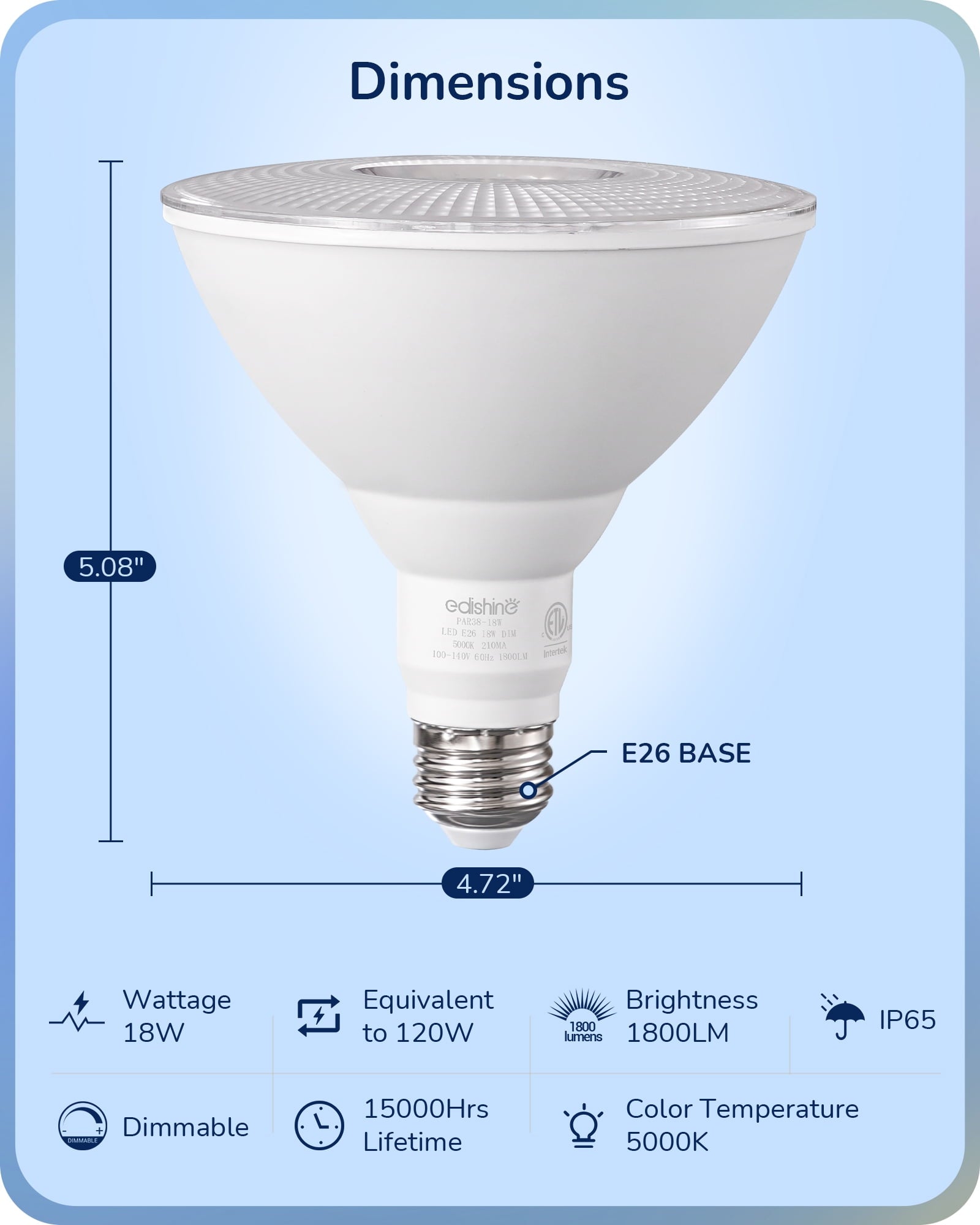 EDISHINE 6 Pack LED Par38 Outdoor Flood Light Bulbs, 18W (120W Equivalent), 5000K Daylight, Dimmable, Waterproof, E26 Base, 1800 Lumen for Yard Porch Driveway