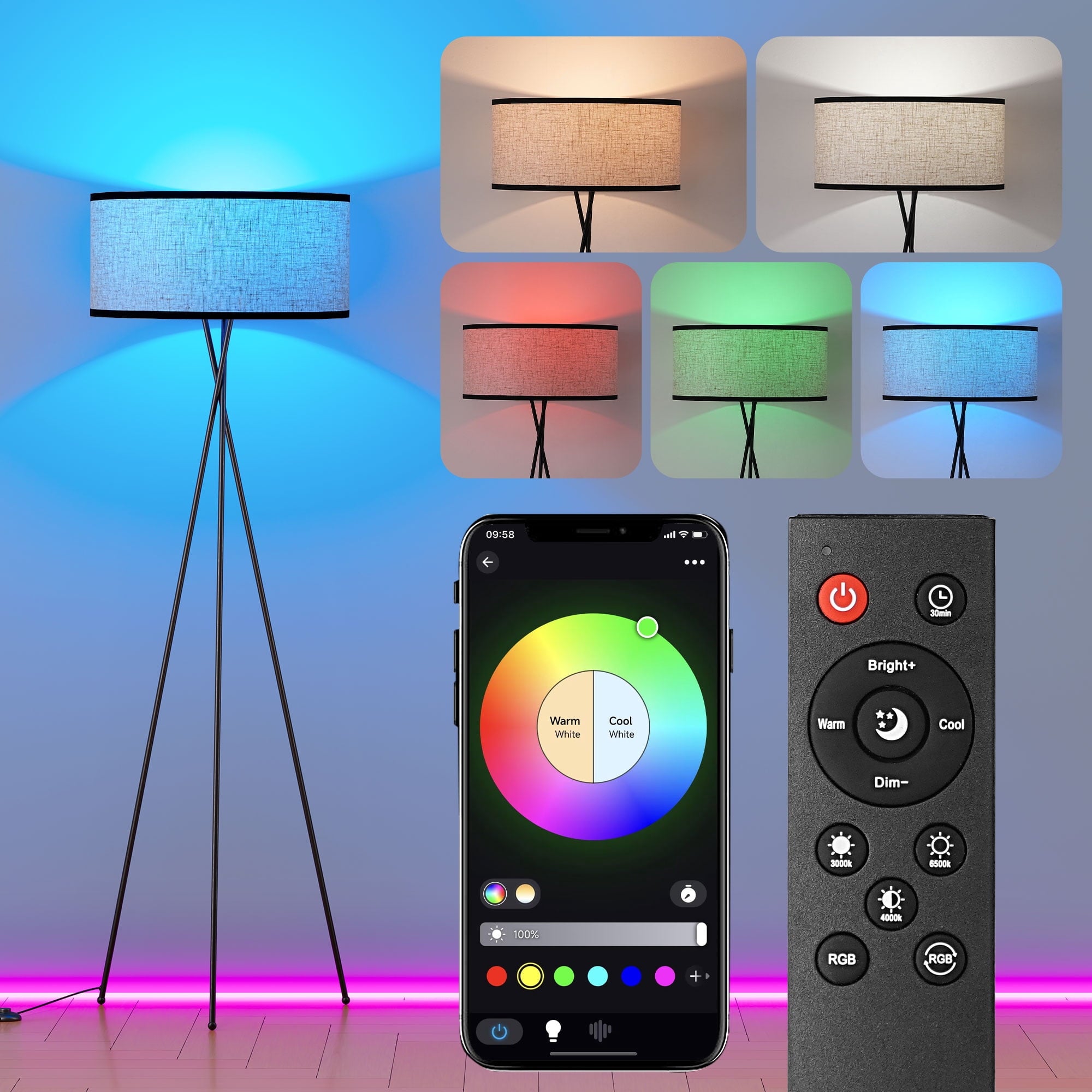EDISHINE 66.9in Tripod Floor Lamps with Remote, Includes RGB Light Bulb, LED Modern Dimmable Mid-Century Standing Lamp, APP Control, Flaxen Linen Shade,for Living Room, Bedroom, Office, Black