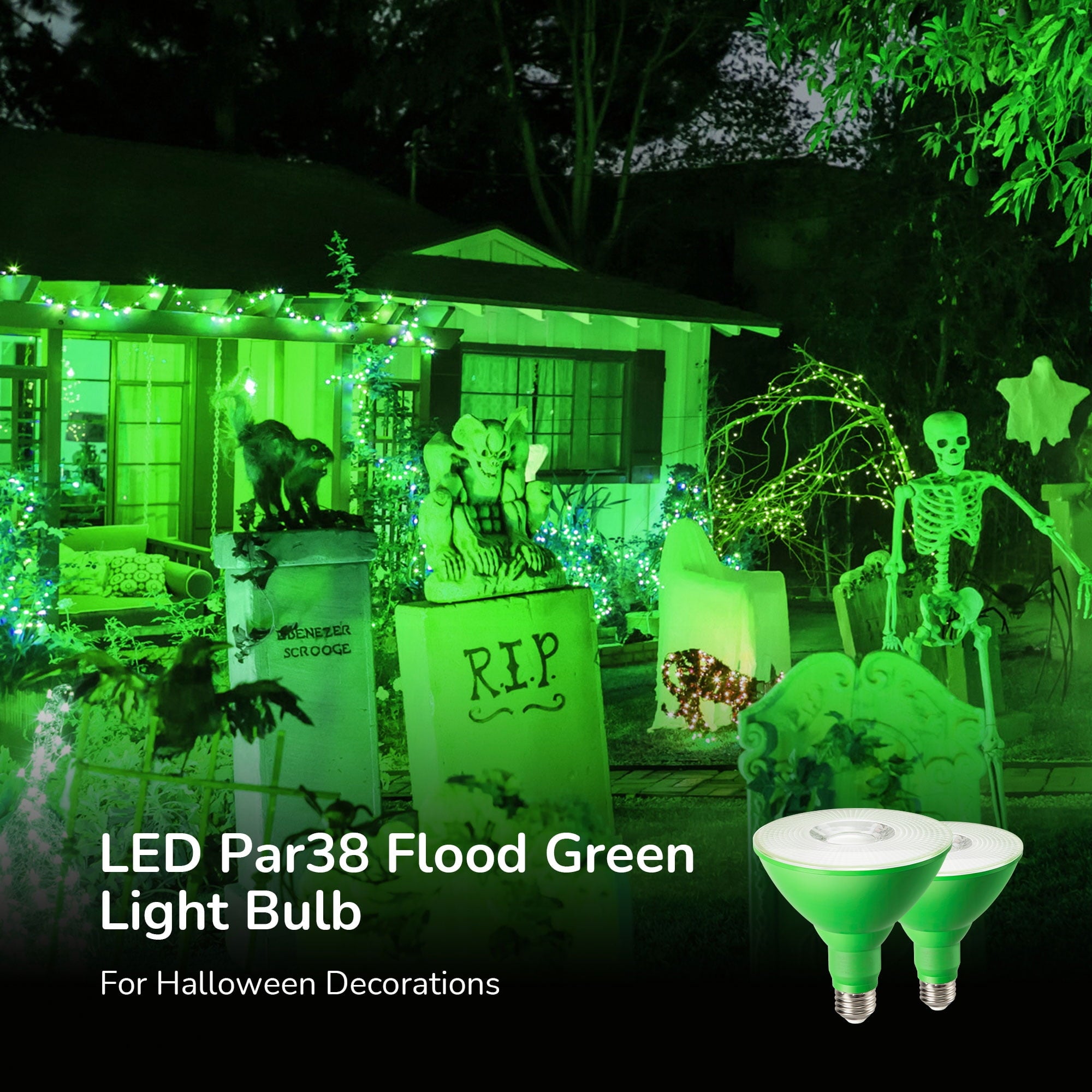 EDISHINE 2 Pack LED Par38 Green Outdoor Flood Christmas Light Bulbs, 18W Equivalent 120W, Dimmable, E26 Base LED Green Light for Decoration,UL Listed