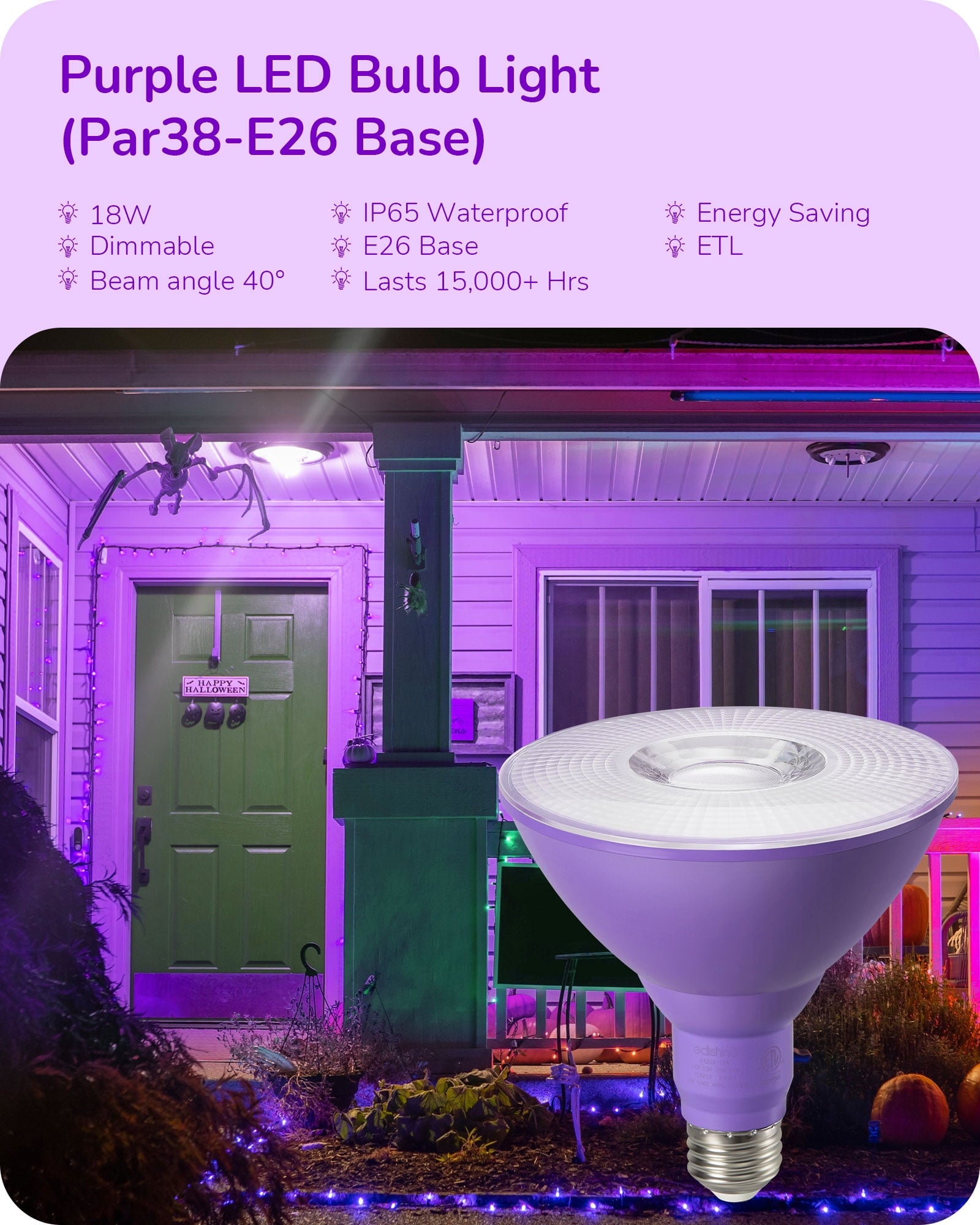 EDISHINE 4 Pack LED Par38 Outdoor Flood Purple Light Bulbs, 18W (120W Equivalent), Dimmable, E26 Base Purple LED Lights, Party Decortion