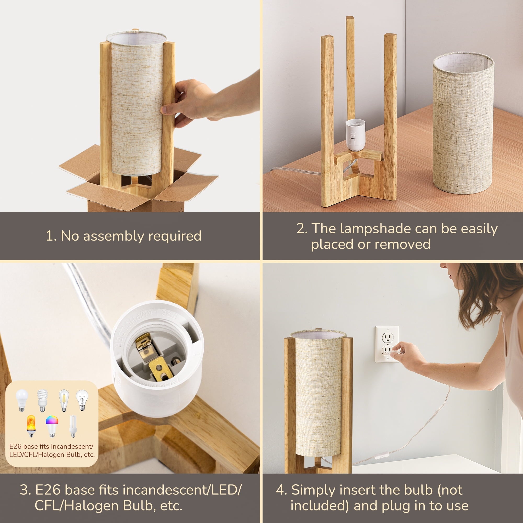 EDISHINE Table Lamp with Linen Shade, Modern Bedside Lamp for Livng Room, Wooden Nightstand Light, E26 Base (Bulbs Not Included), Natural Wood Color