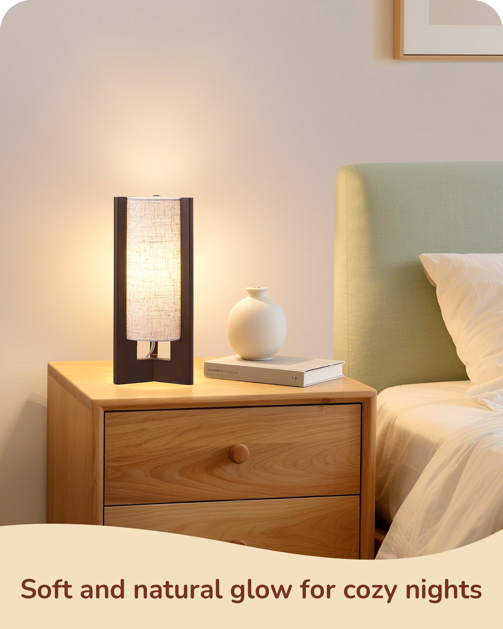 EDISHINE Table Lamp for Living Room Bedroom Wood Body Linen Shade E26 Base