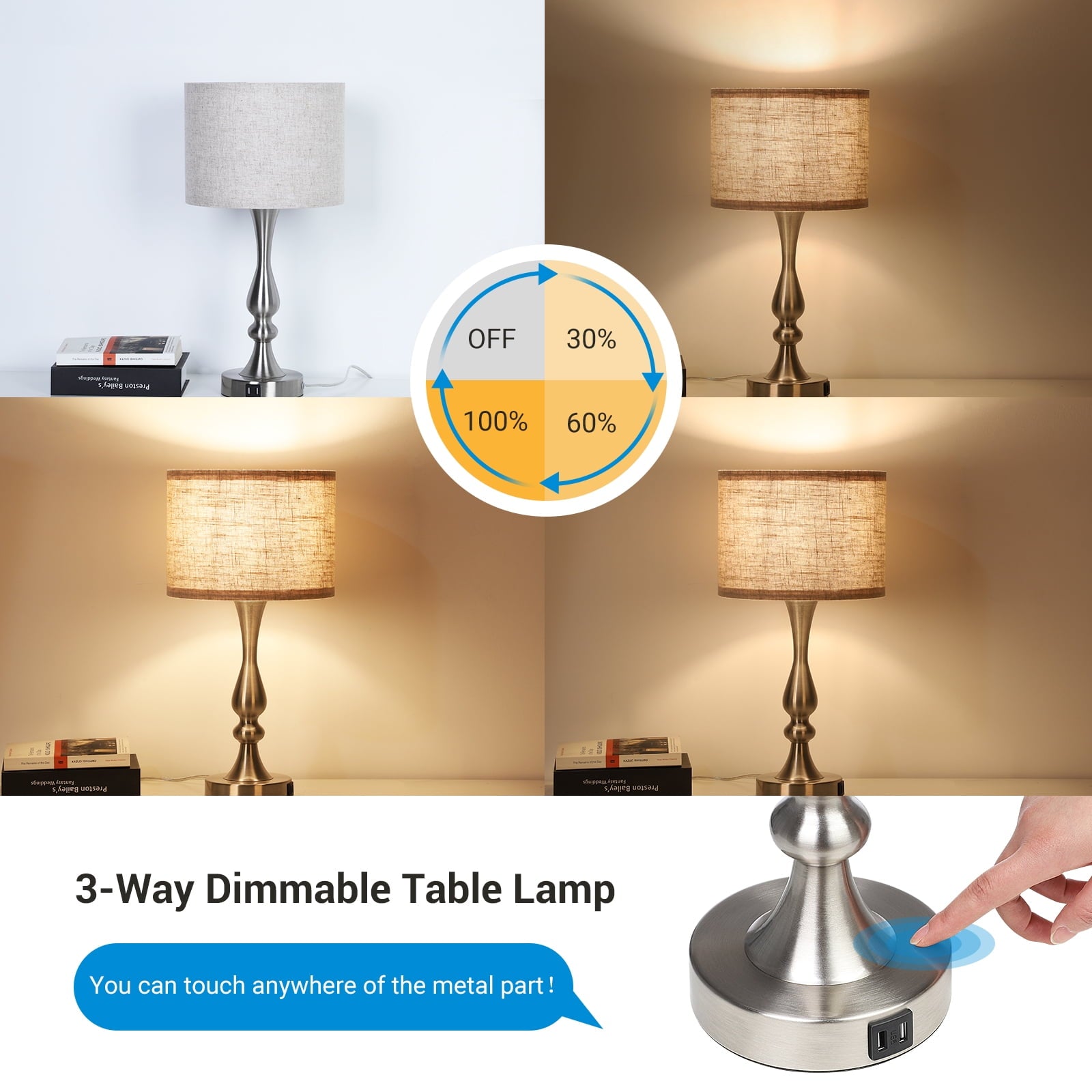 EDISHINE Touch Control Table Lamps Set of 2 , 3 Way Dimmable with 2 USB Ports for Living Room, Bedroom Bedside Lamps, Light Bulb Included