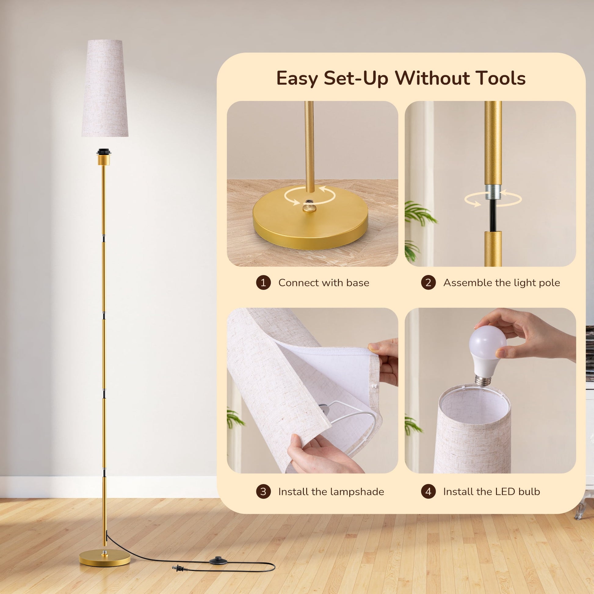 EDISHINE 65in Gold Floor Lamps for Living Room, Standing Tall Standing Light, LED Bulb Included