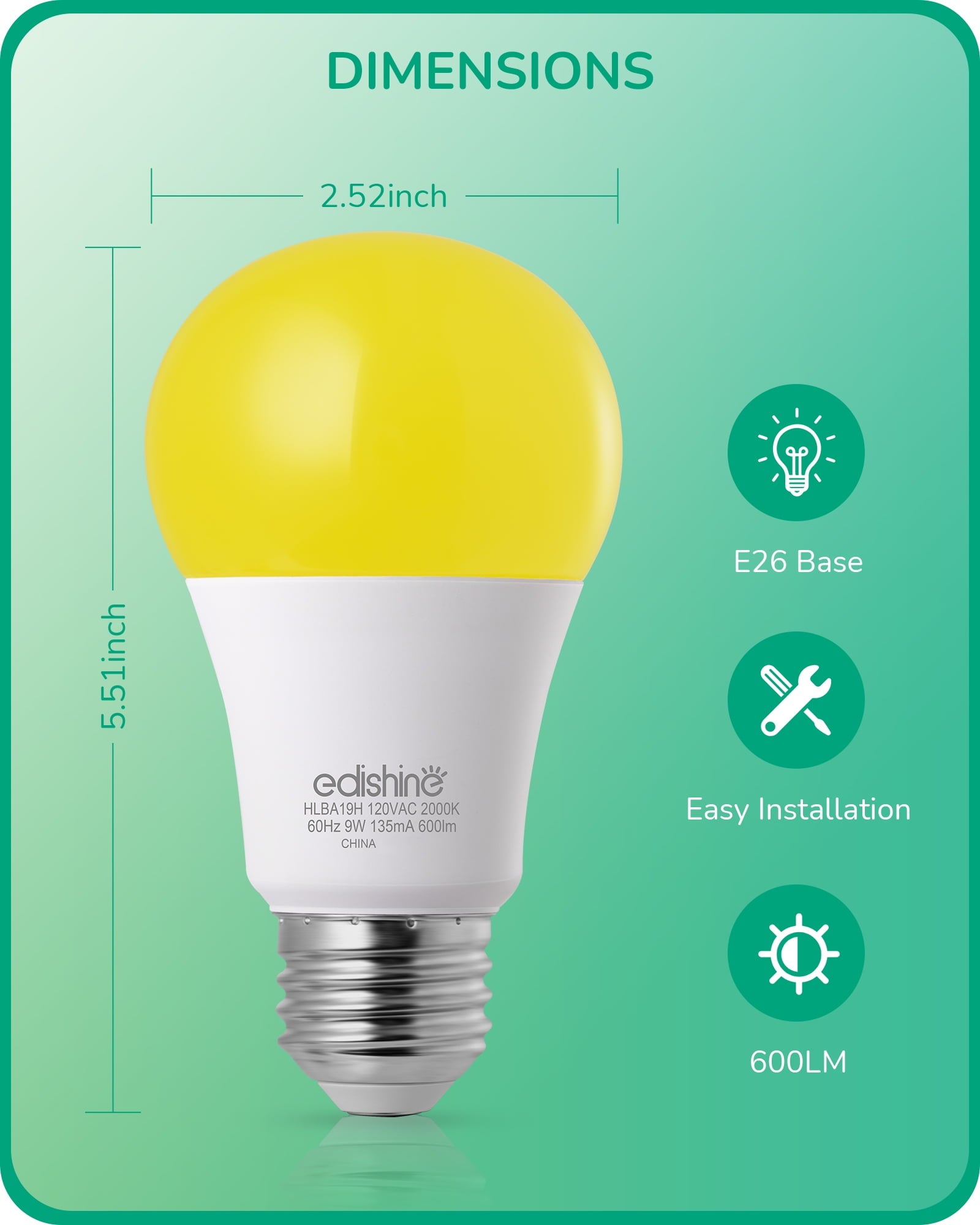 EDISHINE Yellow Amber Outdoor Light Bulbs Dusk to Dawn, Bug Light Dual Sensor A19 LED Bulbs 9W (60 Watt Equivalent) 600LM 2000K E26 Base 4-Pack