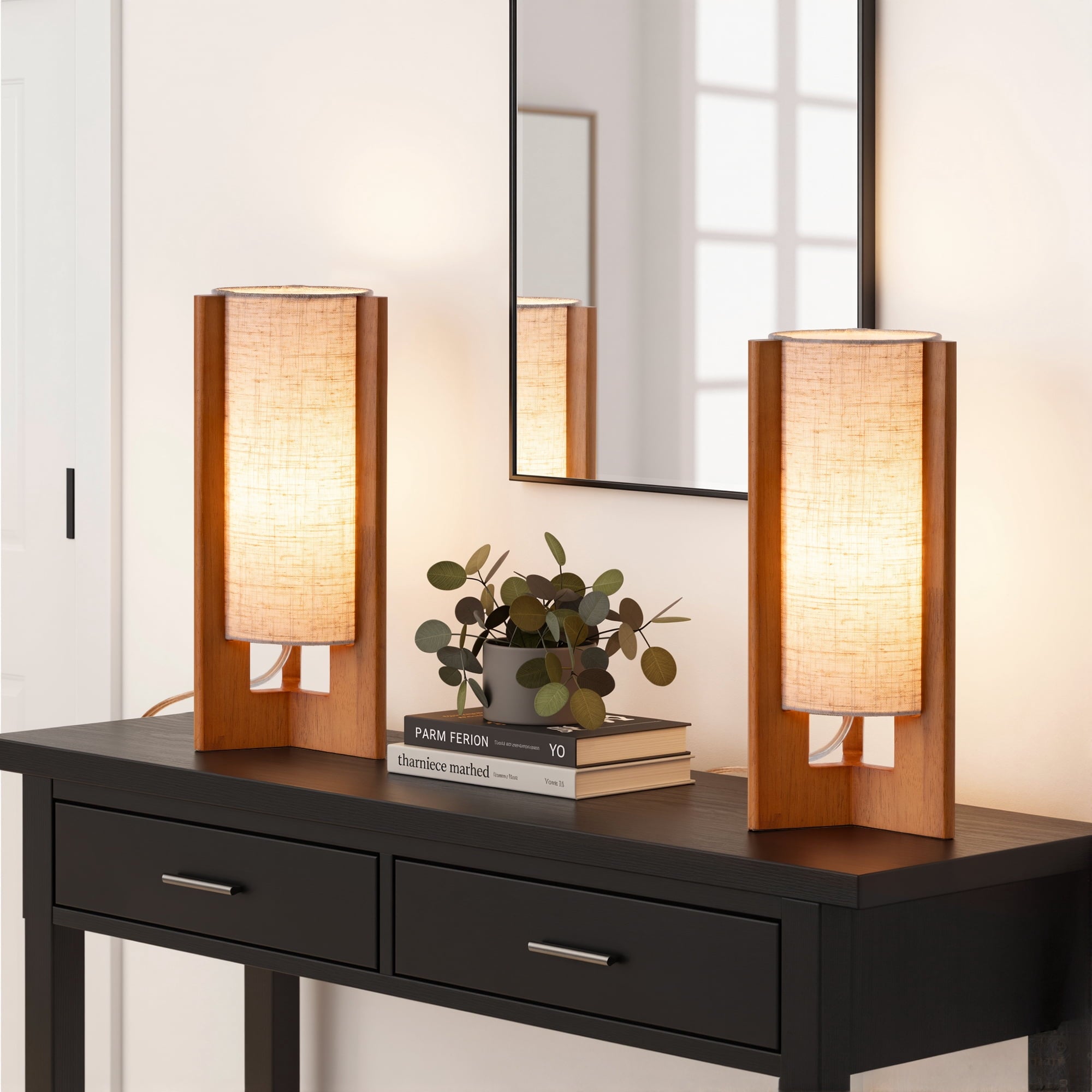 EDISHINE 2-Piece Modern Lamp Set, Table Lamp with White Linen Shade, Bedside Lamp for Living Room, Rosewood Nightstand Lamp, E26 Base (Bulbs Not Included)