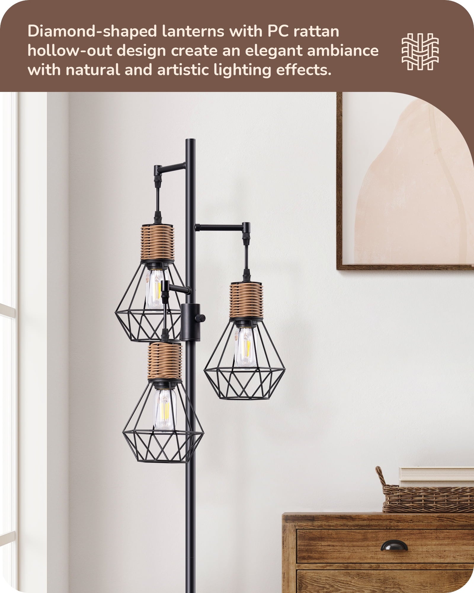 EDISHINE Industrial Rattan Floor Lamps for Living Room Clearance, Dimmable, Metal Three Head Floor Lamp for Bedroom, Office, Black, LED Bulbs Included
