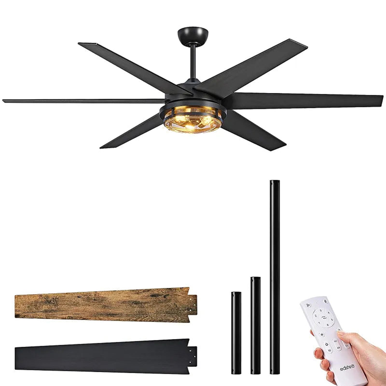 70" Large Farmhouse Ceiling Fans with Lights and Remote, 8000CFM Indoor Black Ceiling Fan for Living Room Patio Office, Dimmable 6 Speed Reversible Quiet DC Motor, Dual Finish 6 Blades - HCFM08B