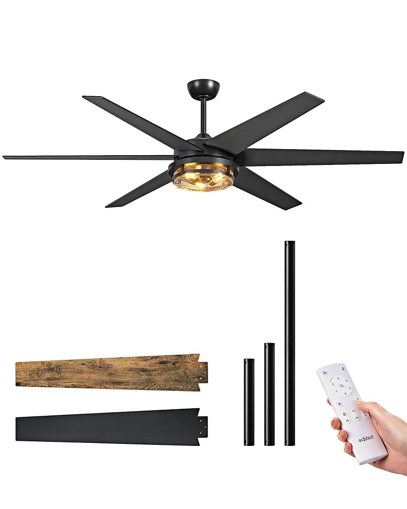 EDISHINE 70" Large Farmhouse Ceiling Fans with Lights and Remote, 8000CFM Indoor Black Ceiling Fan for Living Room Patio Office, Dimmable 6 Speed Reversible Quiet DC Motor, Dual Finish 6 Blades