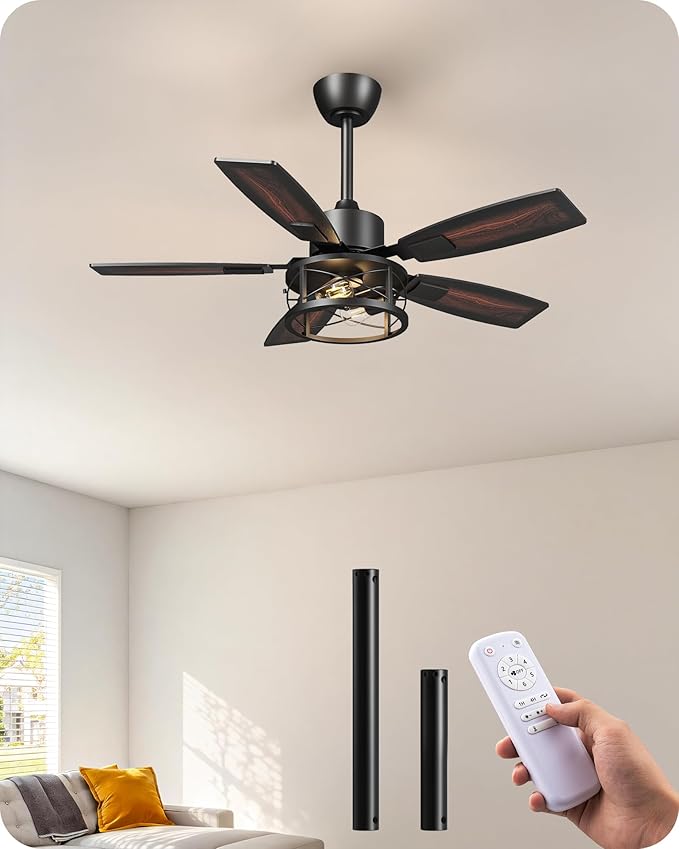 EDISHINE 42" Farmhouse Ceiling Fans with Lights and Remote, 10%-100% Dimmable, Reversible DC Motor, 6 Speed, 5 Wooden Blades, Timer, Rustic Caged Fandelier Ceiling Fan for Living Room, Bedroom