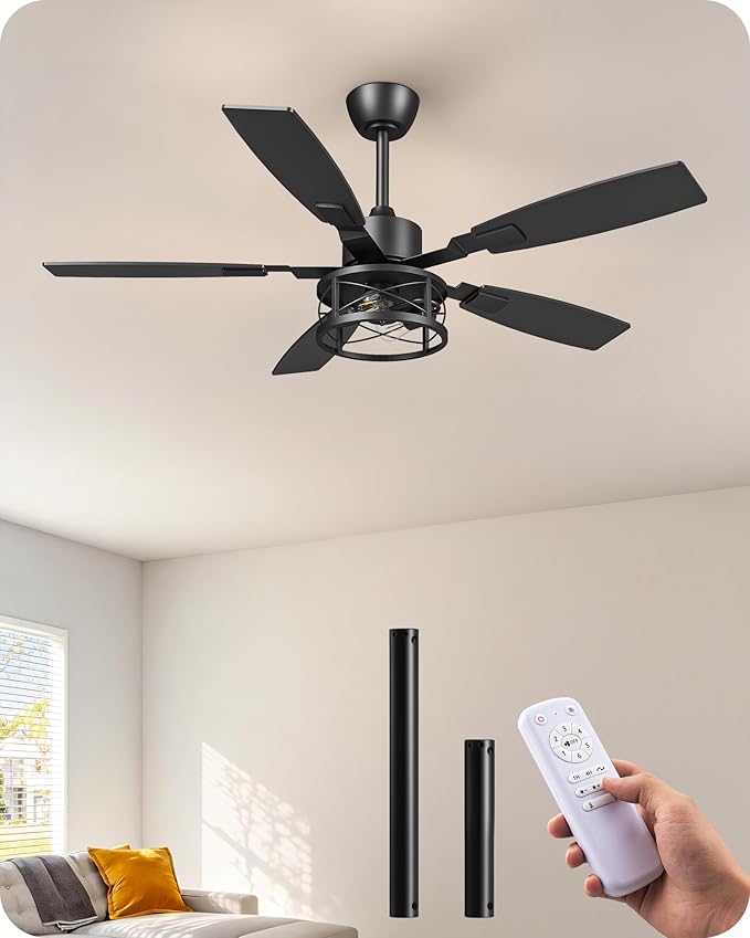 EDISHINE 52" Farmhouse Ceiling Fans with Lights and Remote, 10%-100% Dimmable, 6 Speeds, 5 Wood Blades, Reversible DC Motor, Timer, Quiet, Rustic Caged Fandelier Ceiling Fan for Bedroom Living Room