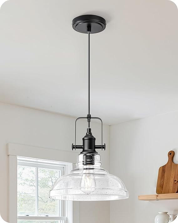 EDISHINE Farmhouse Pendant Lights Kitchen Island, Clear Seeded Glass Shade Hanging Light, Industrial Black Matte Finish, Modern Pendant Light Fixtures with Open Shade, E26 Base, Over Island Bar