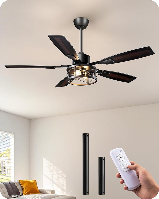 EDISHINE 52" Farmhouse Ceiling Fans with Lights and Remote, 10%-100% Dimmable, Reversible DC Motor, 6 Speed, 5 Wooden Blades, Timer, Rustic Caged Fandelier Ceiling Fan for Living Room, Bedroom