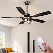 52" Farmhouse Ceiling Fans with Lights and Remote, 10%-100% Dimmable, Reversible DC Motor, 6 Speed, 5 Wooden Blades, Timer, Rustic Caged Fandelier Ceiling Fan for Living Room, Bedroom